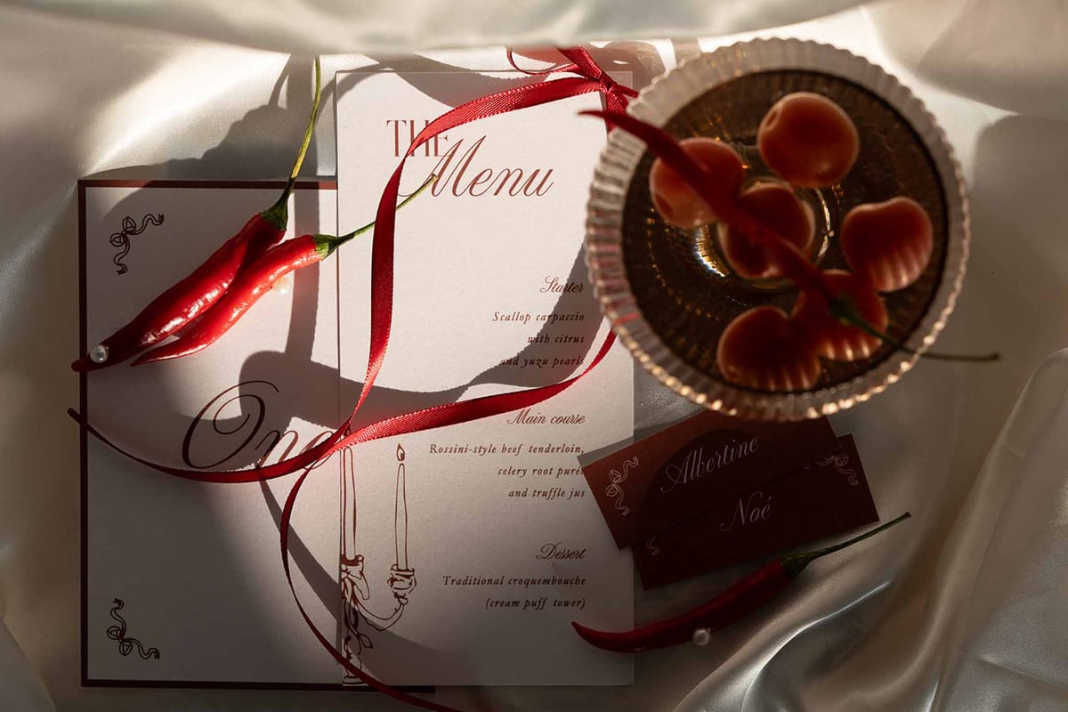 Flatlay menu card with red and white theme drink and chilli landscape