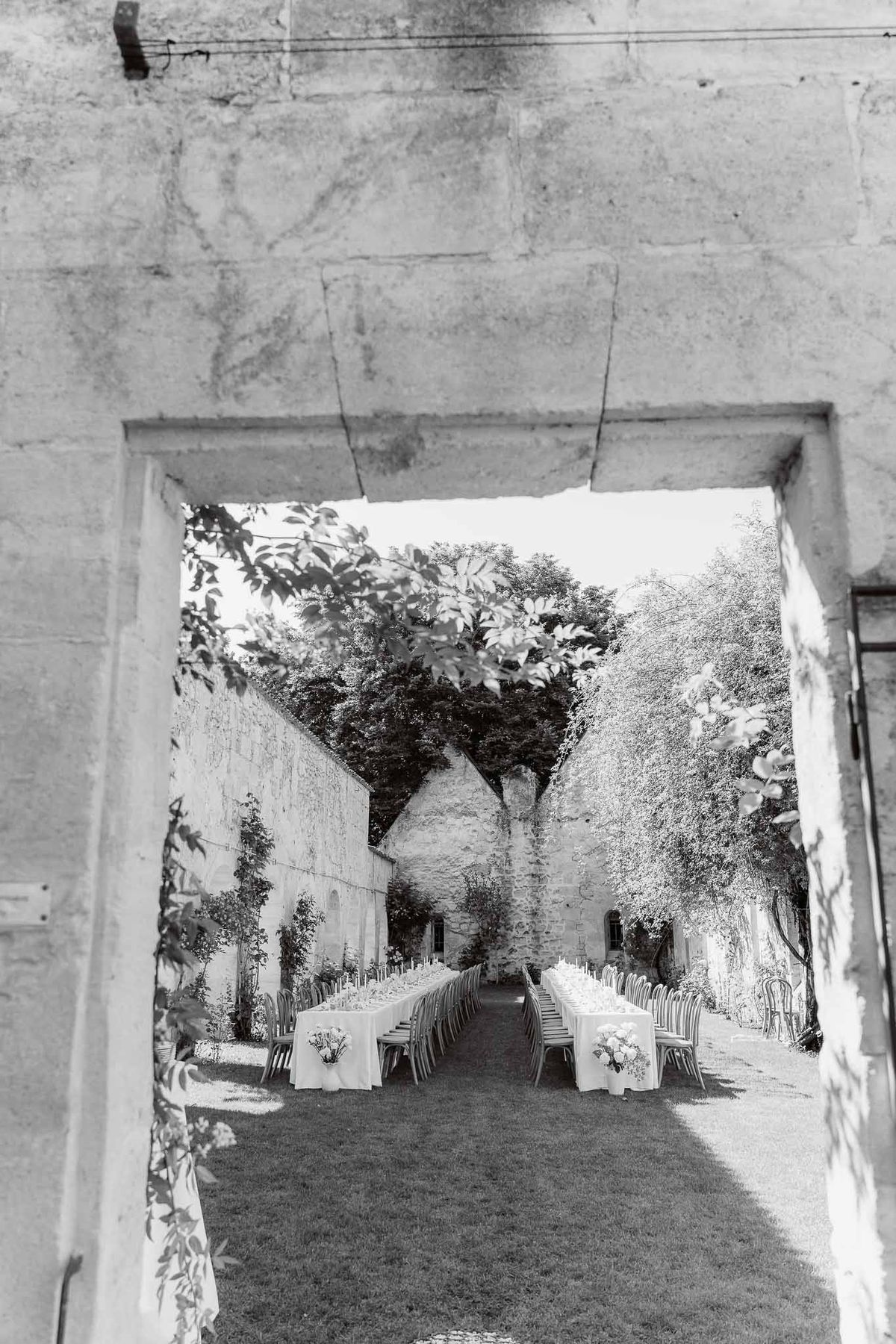 Black and white photo of wedding ceremony setup