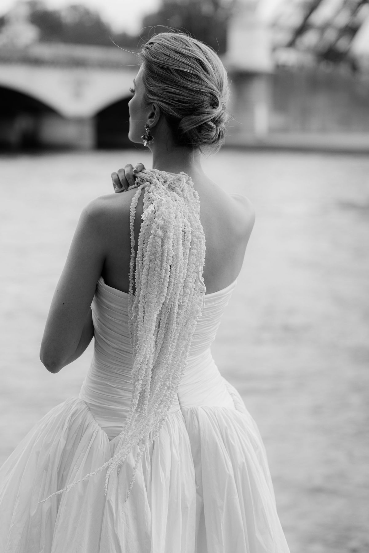 Black and white detail of the gown's ruffled back