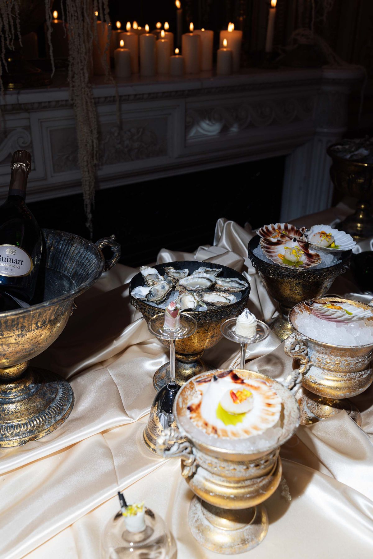 Seafood display on ice with champagne at the celebration