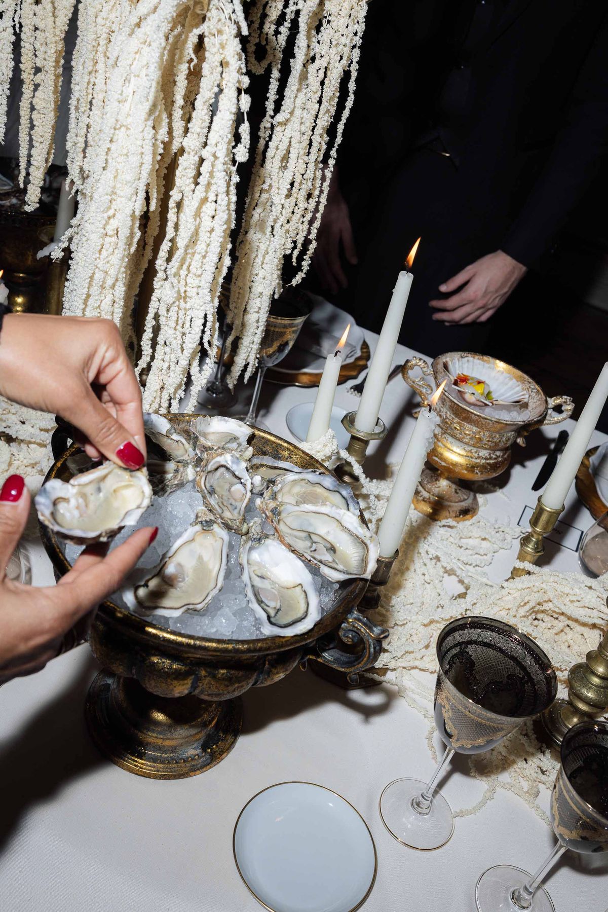 Oysters served from a silver stand at the reception