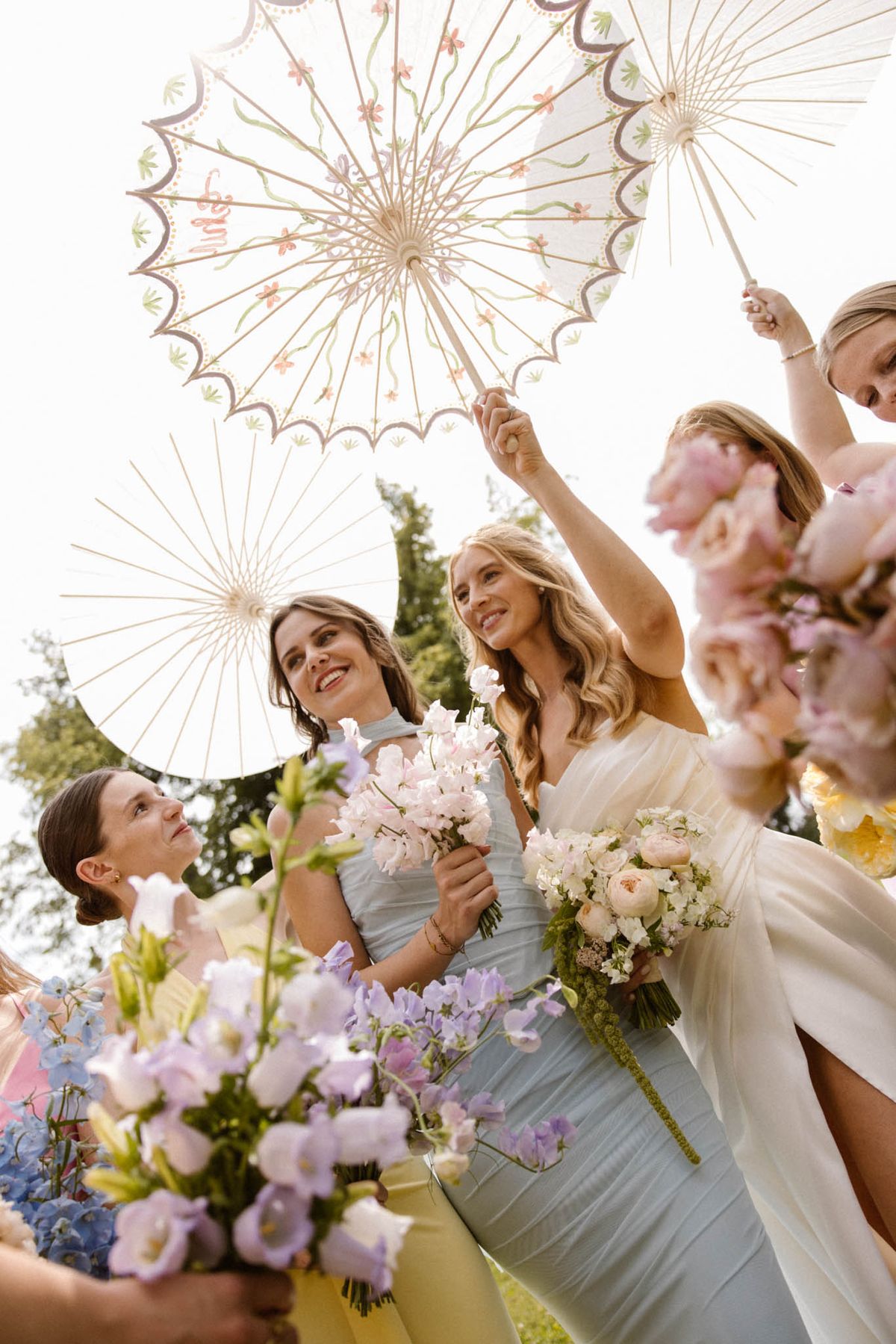Wedding reception in a garden with peonies