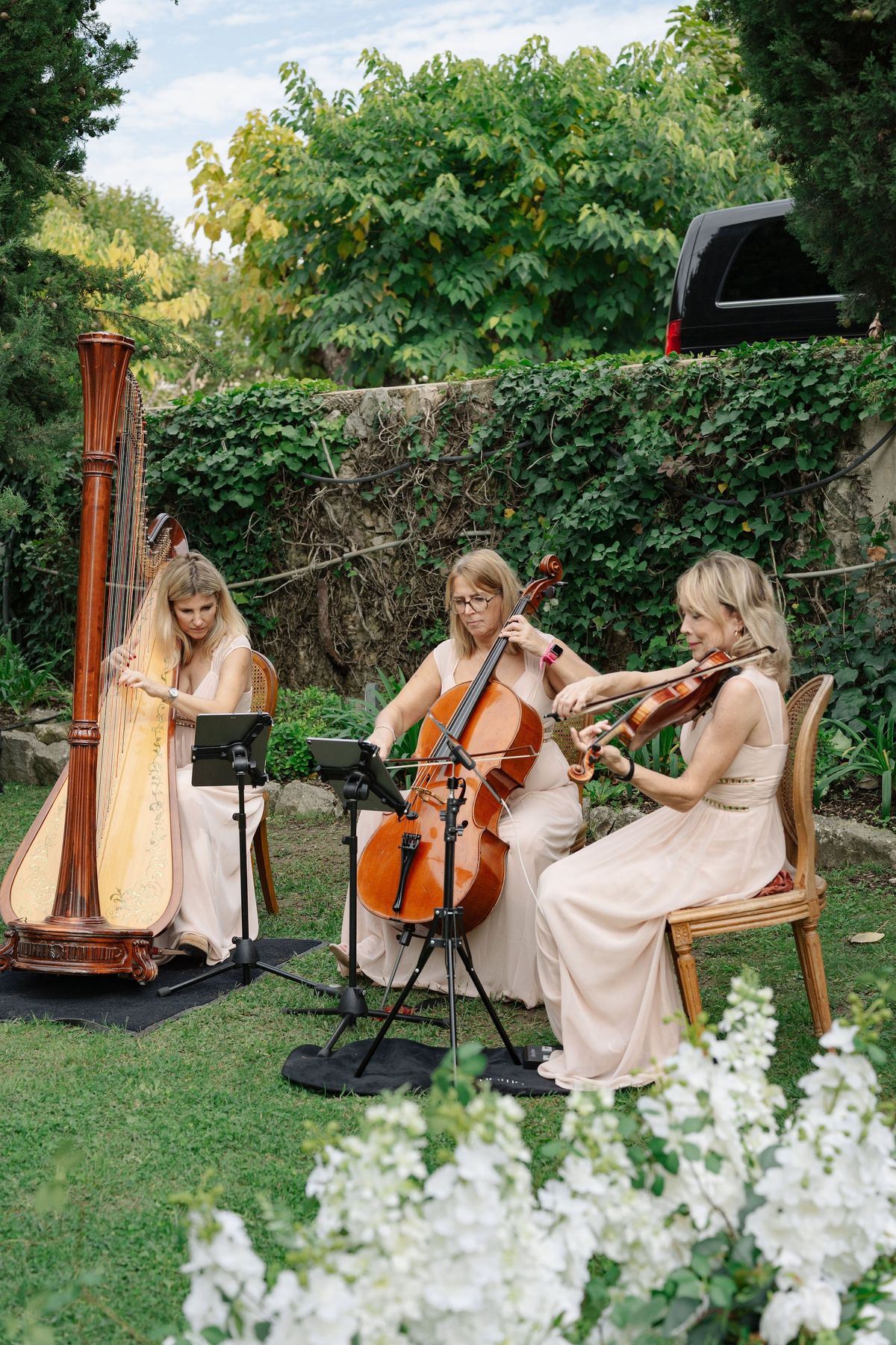 String trio in blush gowns playing harp, cello, and violin in garden