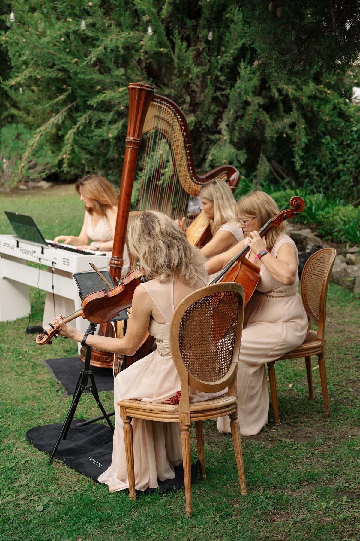 Musicians in blush gowns performing string and keyboard set in garden