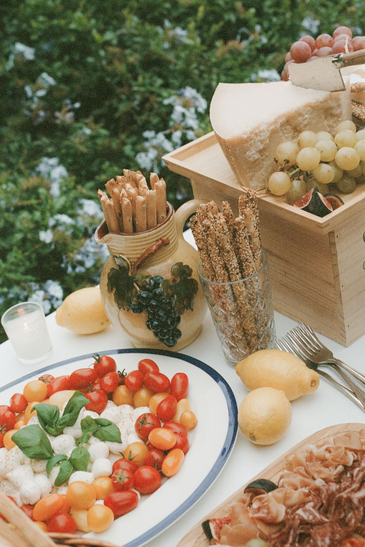 Caprese platter and parmesan with grapes on outdoor antipasti buffet