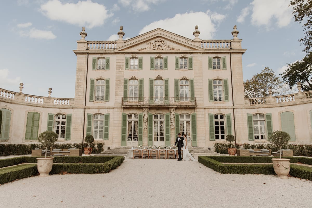 Sculptural Florals and Halter Gown Elegance at Chateau de Tourreau, Provence