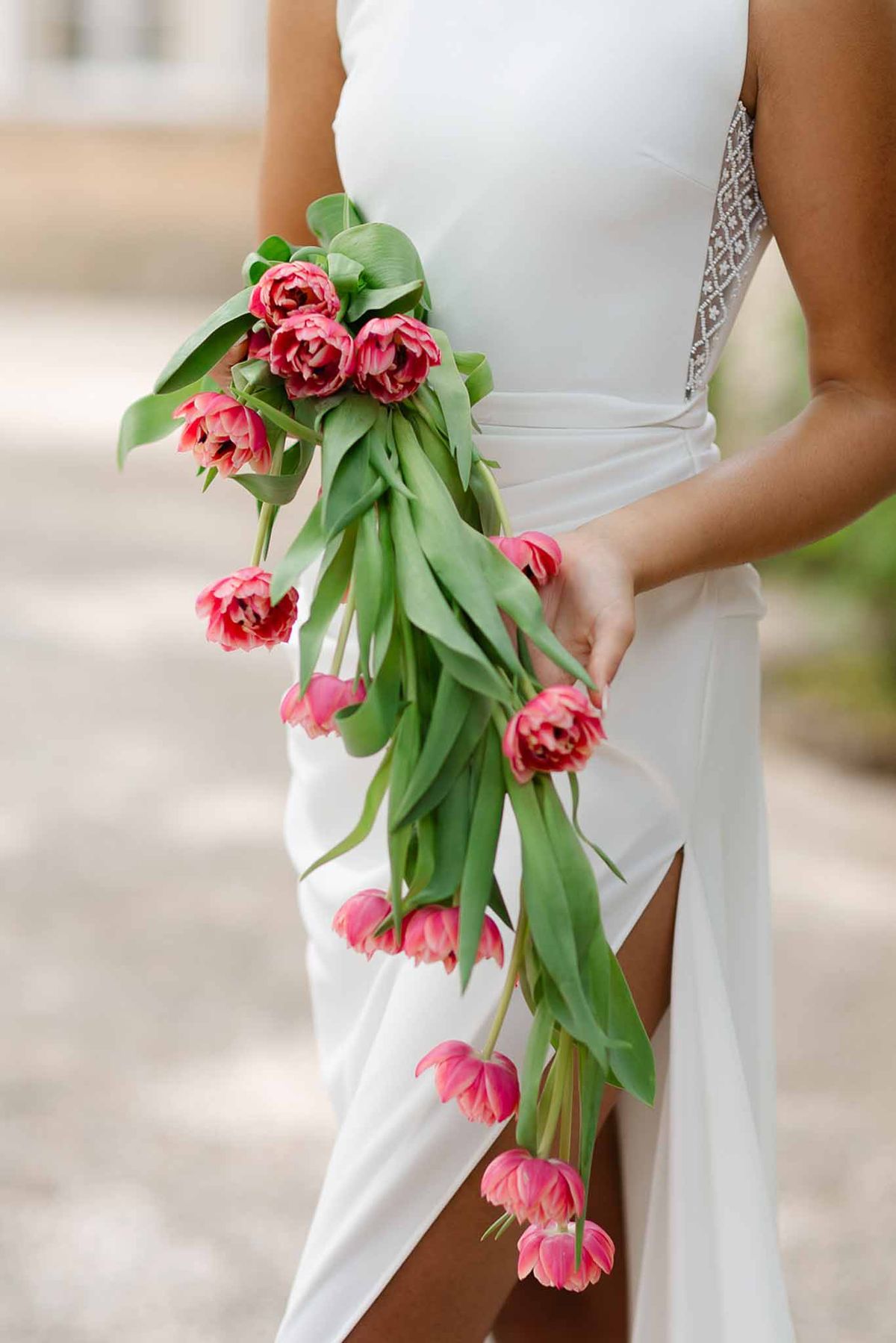 Long trailing pink and blush bridal bouquet at Château Martinay styled shoot