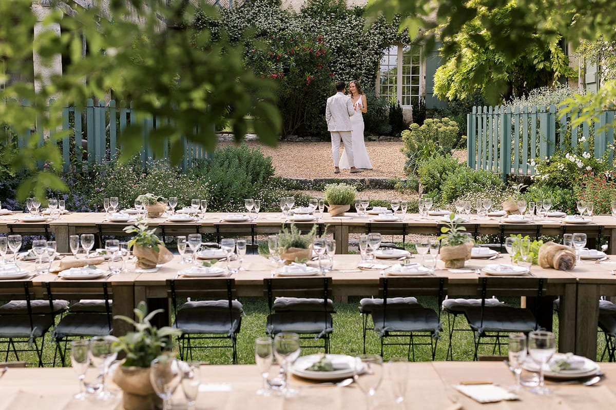 Wedding reception table setting in a garden