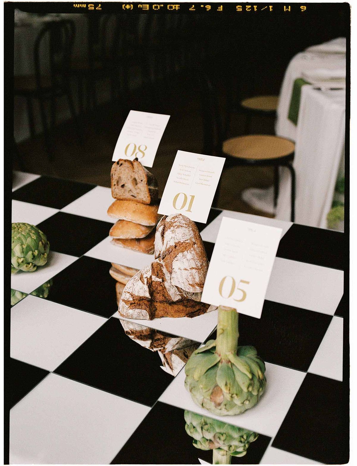 Black and white photo of reception table details