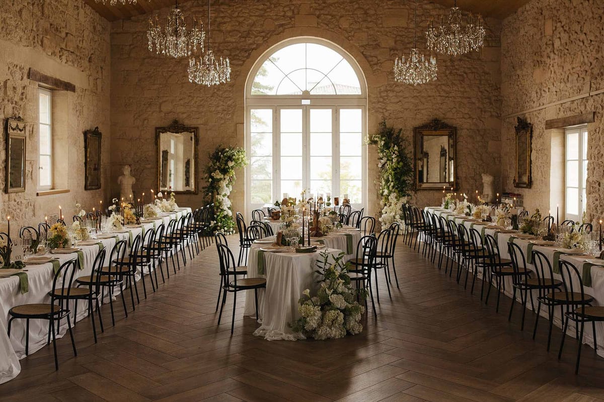 Fully set chateau reception room with long tables, crystal chandeliers, gold-framed mirrors, and white and sage green flor...