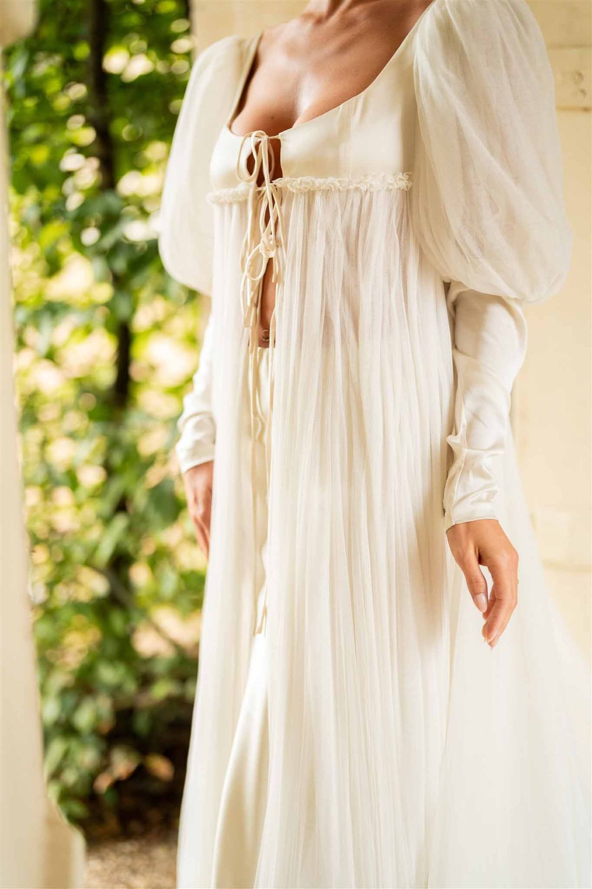 Bridal gown bodice detail at Chateau de Villette