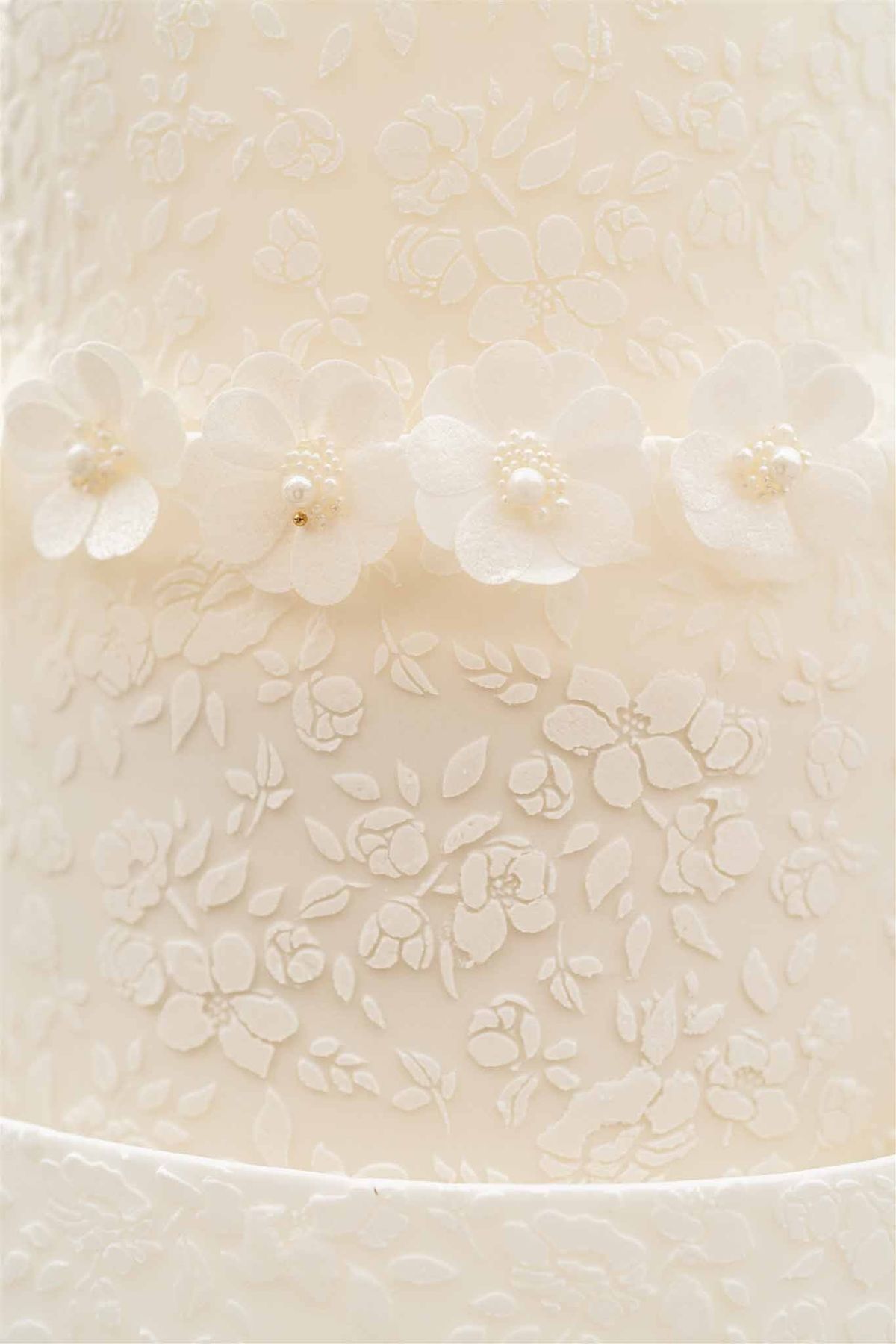 Close-up of embossed fondant wedding cake detail at Chateau de Villette