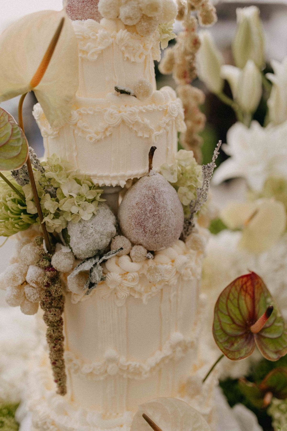 Piped tiered cake with sugared pears, anthurium leaves and white hydrangea detail
