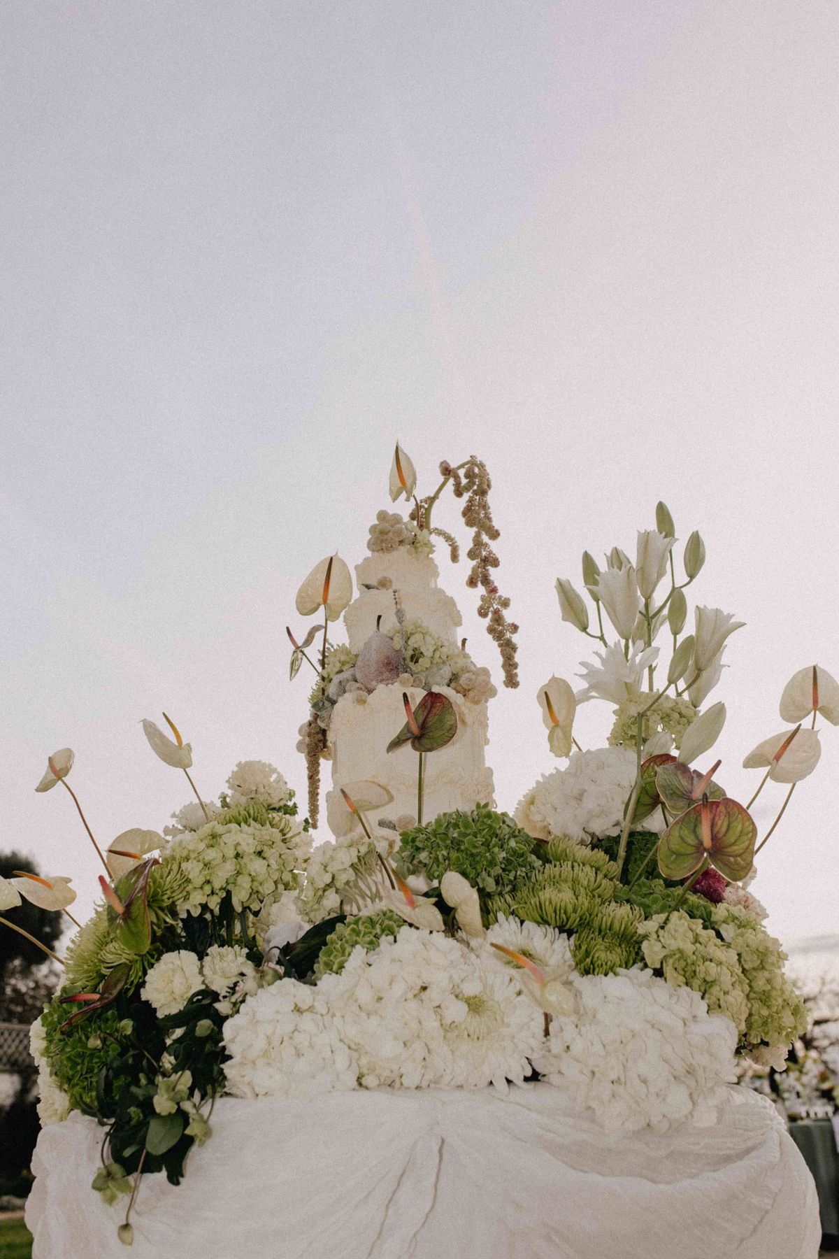 Piped tiered cake silhouetted against pale sky with hydrangeas clustered around its base