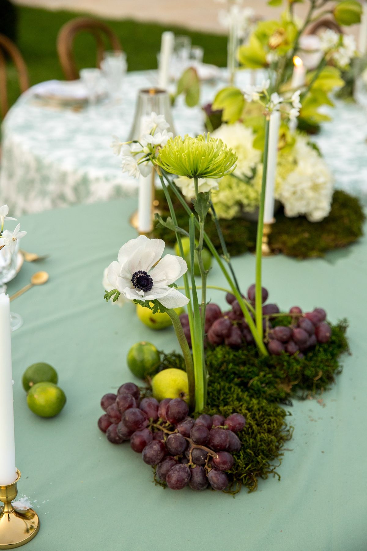 Top-down vignette of anemone above moss bed with red grapes, limes, pear and taper candles