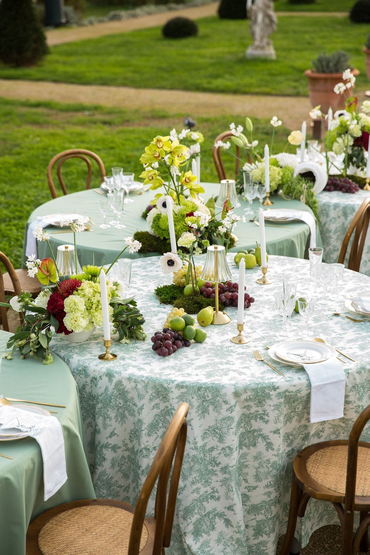 Multi-table tablescape with toile and sage cloths, fruit-laden moss runners and bentwood chairs