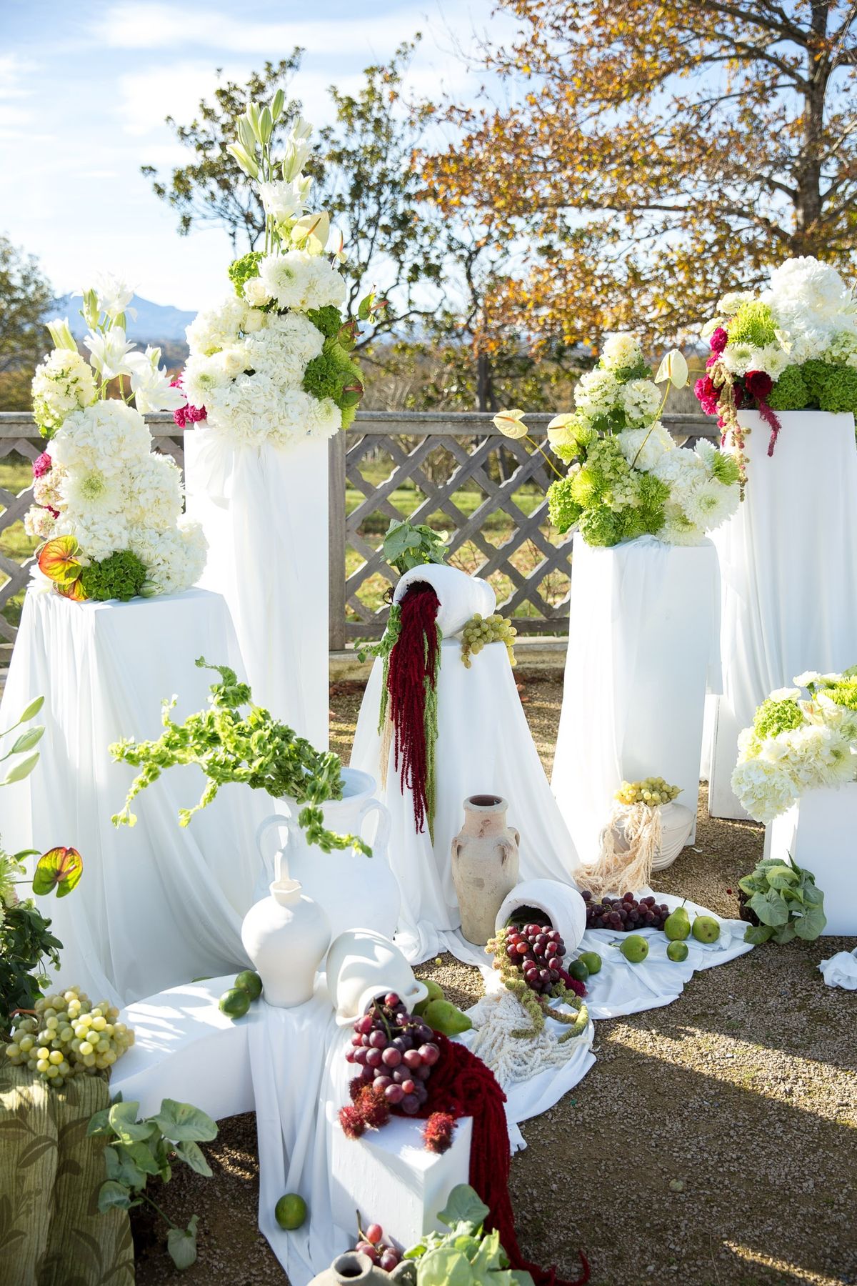 Outdoor ceremony backdrop with white pillars, hydrangea arrangements, burgundy tassels and grapes