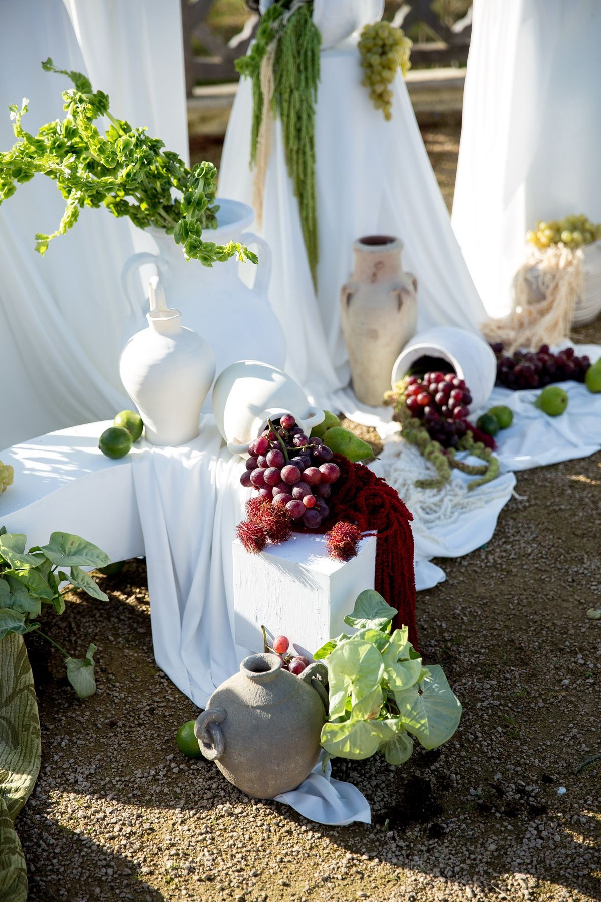 Golden hour close up of ceremony backdrop with grapes spilling from white urn over burgundy throw