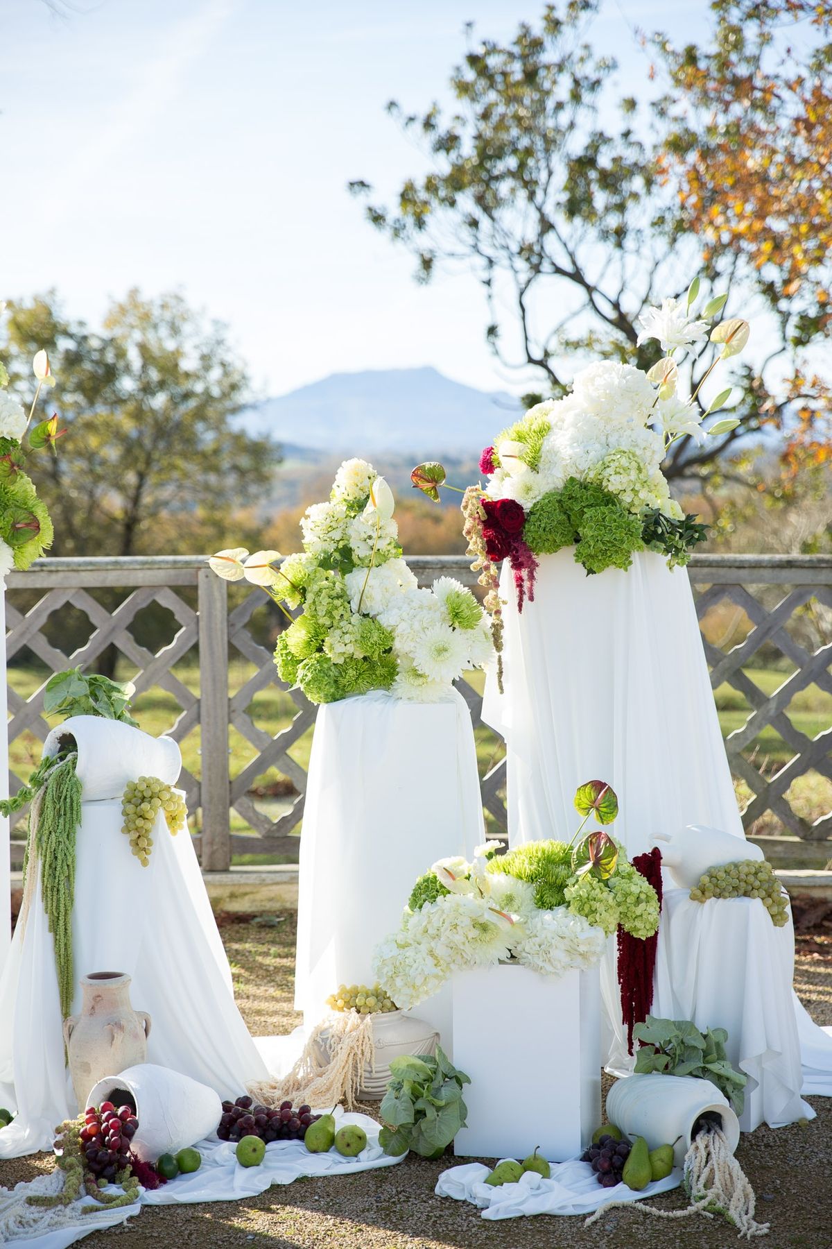 Ceremony pillars staged against rolling hills with florals atop and grapes at the base