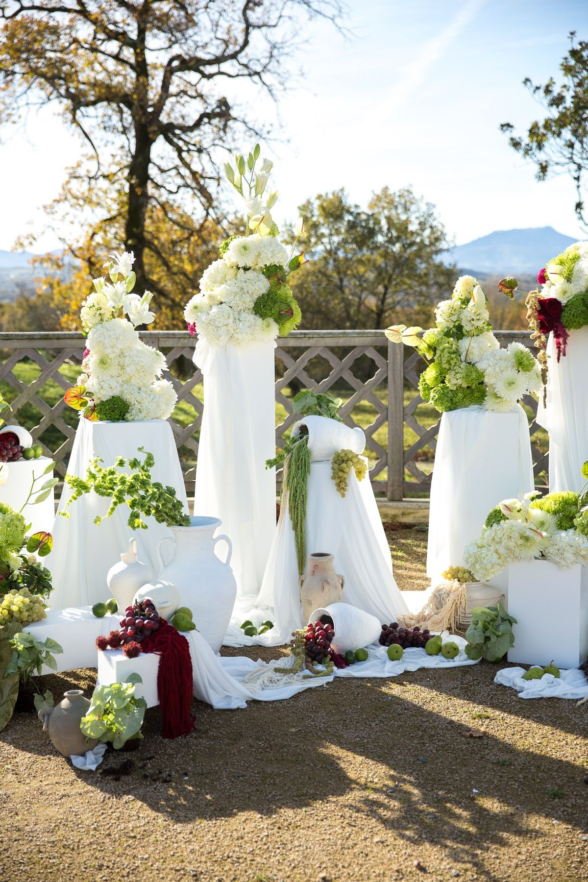 Trailing green amaranthus dripping down a white draped ceremony plinth with grapes below