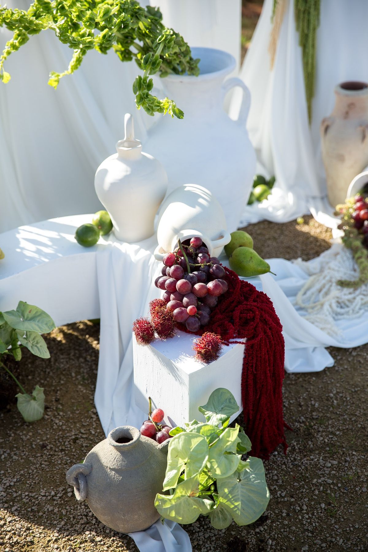Daylight detail of ceremony backdrop with white urn, fringed cord, grapes and rambutans on plinth