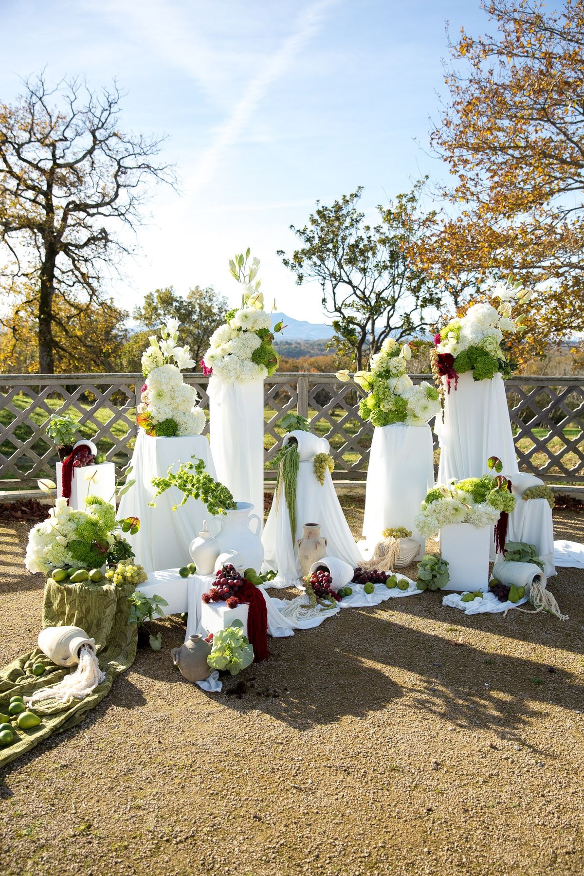 Golden hour wide of ceremony backdrop, white plinths and hydrangeas glowing in late light