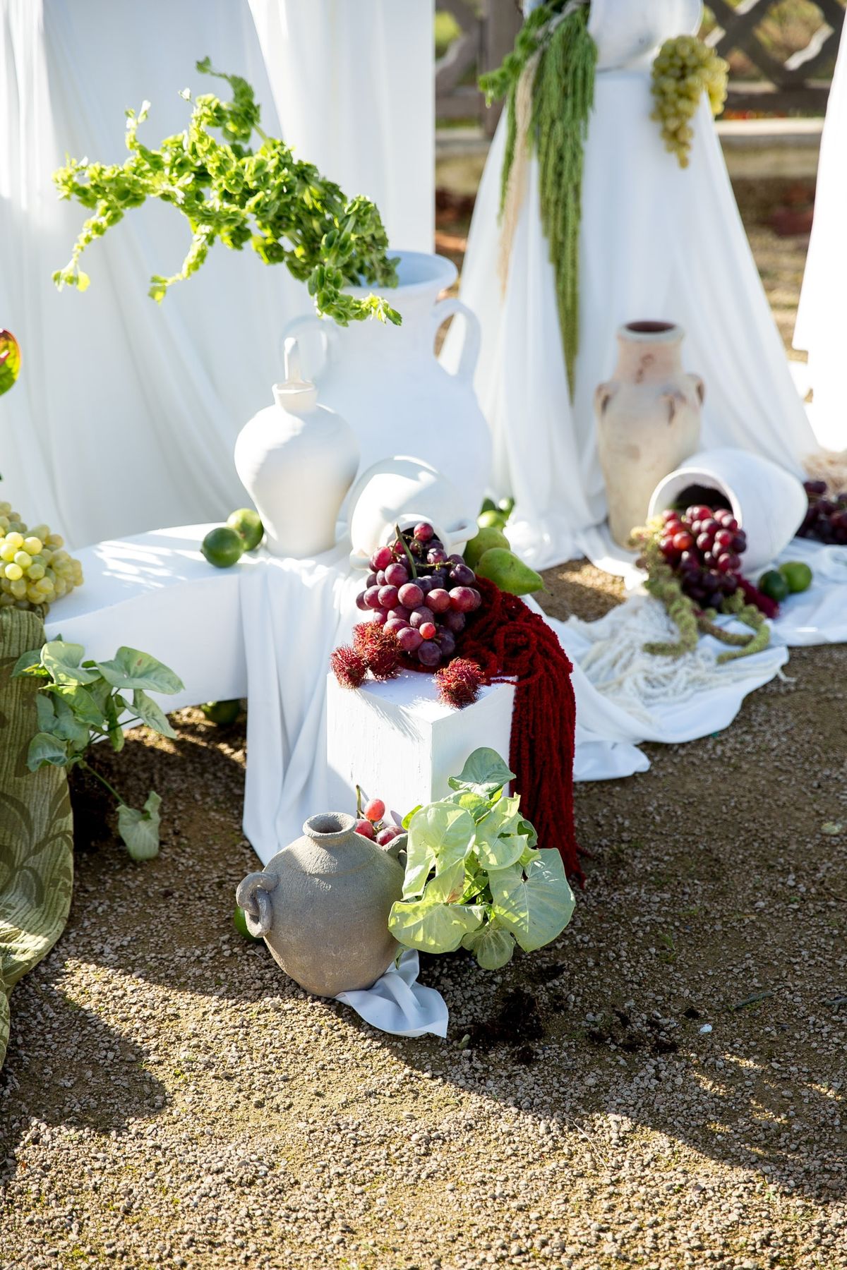 Golden hour close of ceremony backdrop with white urn, grapes and red textile on white plinth