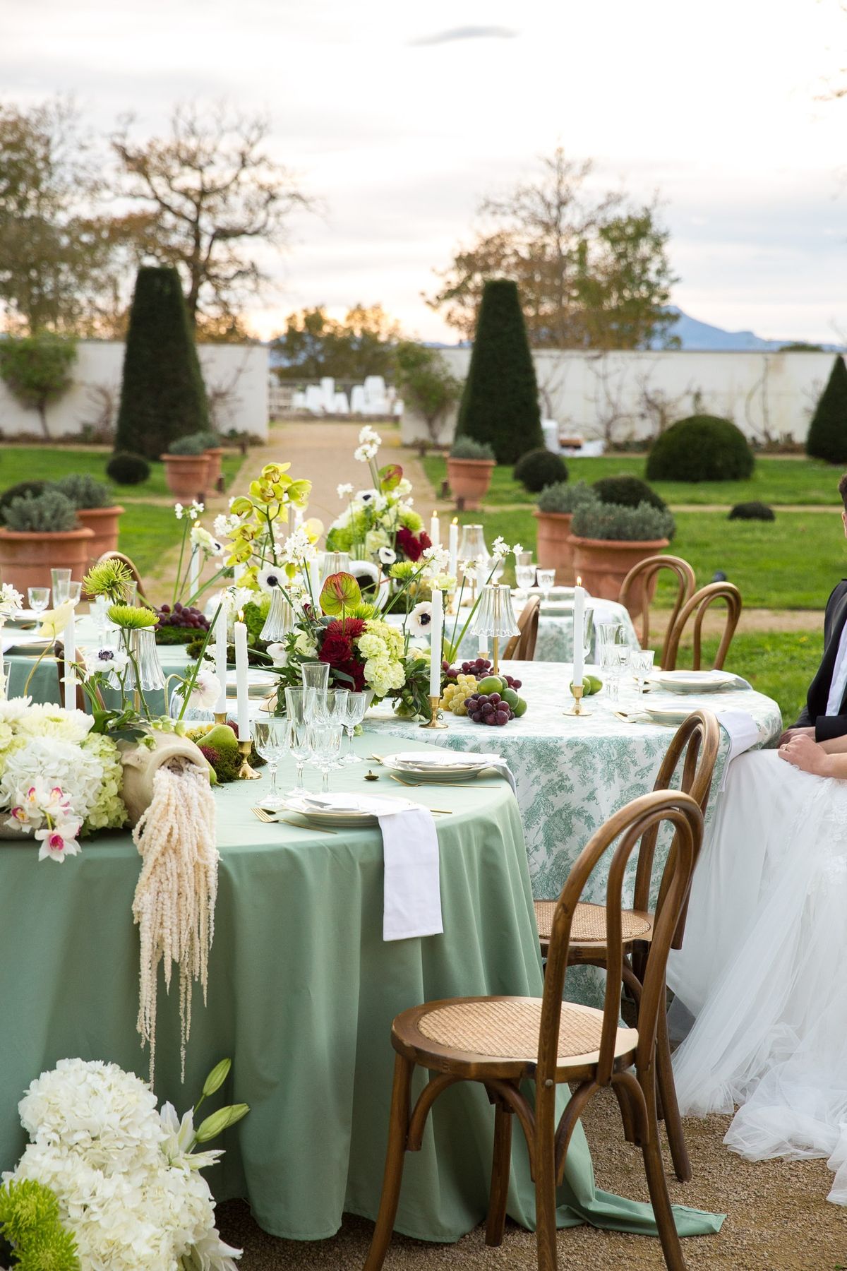 Twilight banquet view with sage table, cascading florals, fruit and tapers framed by topiary cones