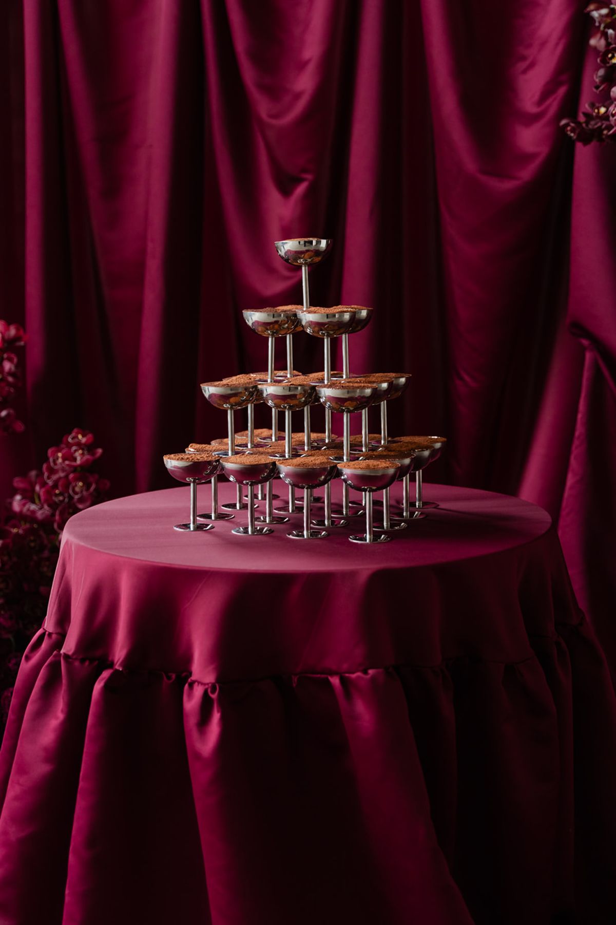 Tiramisu silver coupe tower on magenta table at Domaine des Halles wedding