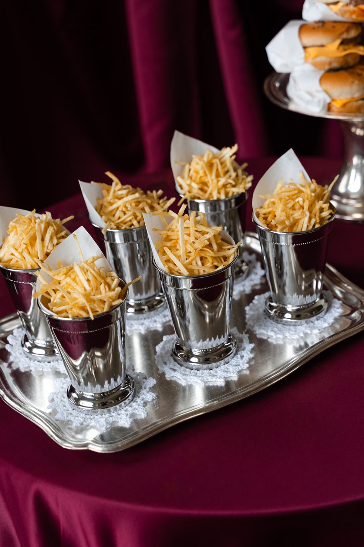 Fries in silver julep cups on tray at Domaine des Halles wedding after-party