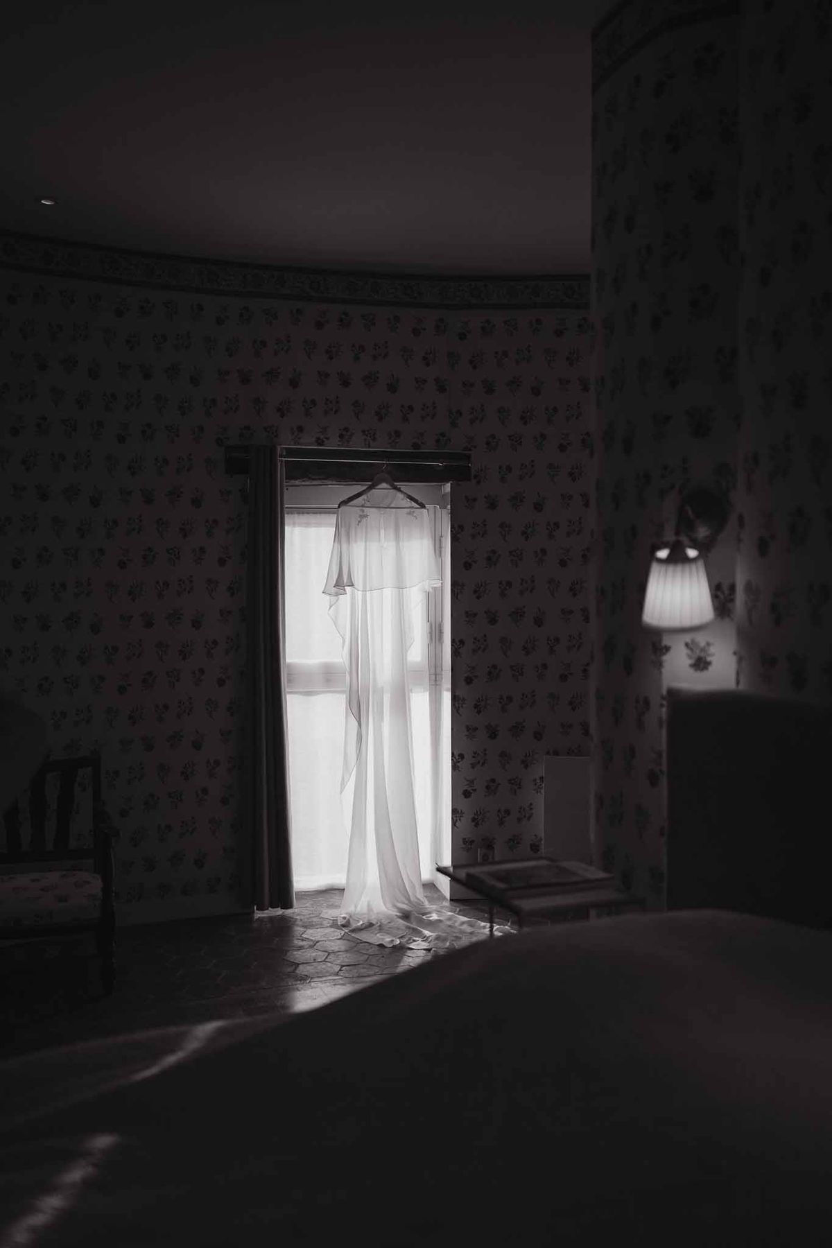 Bridal veil in chateau bedroom at Chateau d'Hazeville black and white