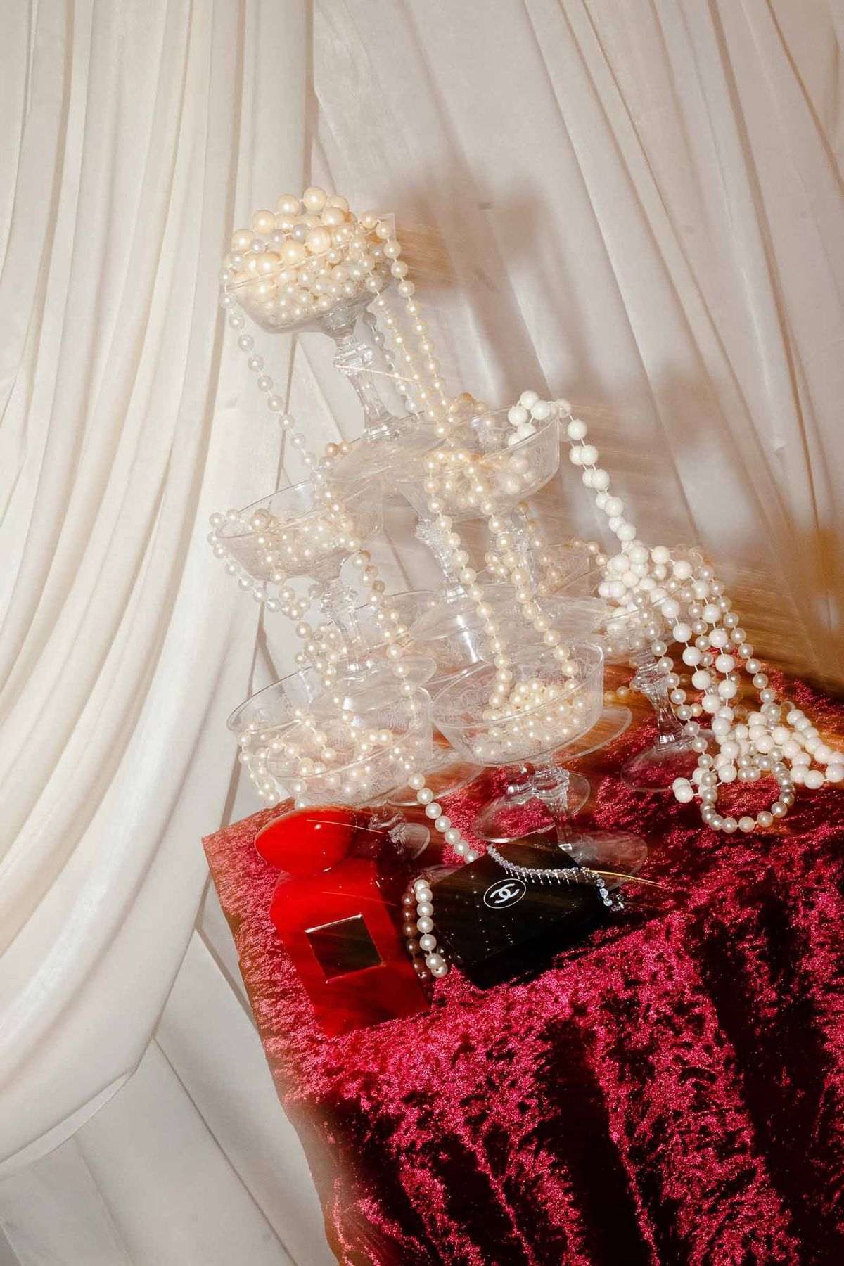 Pearl champagne tower with Chanel details at Chateau d'Hazeville