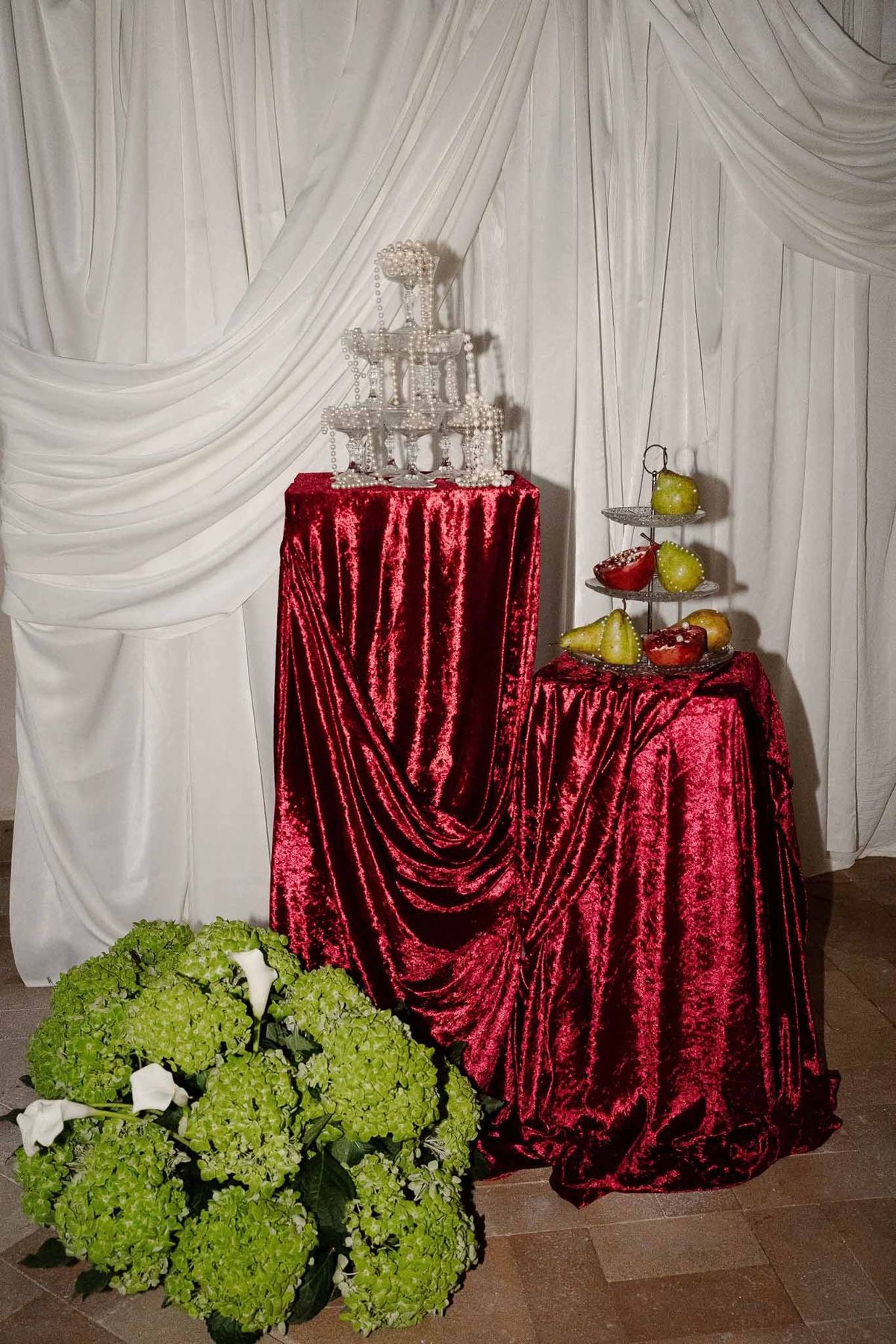 Pearl champagne tower and fruit display at Chateau d'Hazeville
