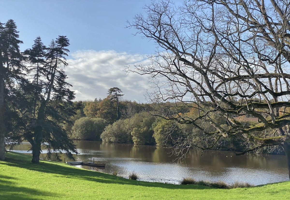 Wide landscape shot of an outdoor estate grounds featuring a large natural lake or pond as the central element. No people are visible in the image. The grounds include a manicured lawn sloping down to the water's edge, with a small wooden rowing boat moored at a simple dock on the left bank. Mature bare-branched trees frame the right side of the composition, while tall conifers anchor the left. The wooded treeline across the water shows autumn foliage in muted greens and ochres. A glimpse of a building roof in dark red-brown is partially visible through the trees on the far right. The shot is taken in natural daylight with no artificial lighting, decor, or wedding-specific styling elements visible. Potential venue feature image.