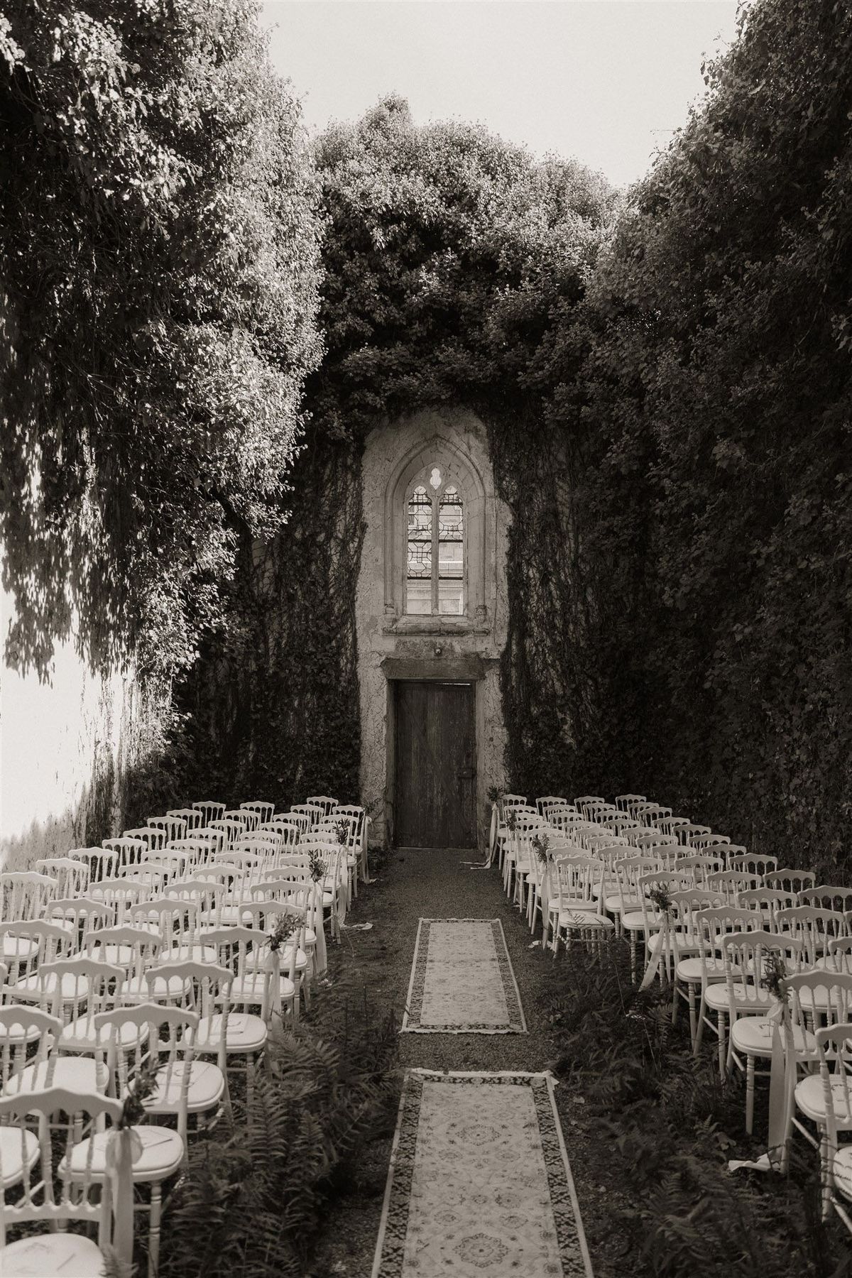 This black-and-white image shows an outdoor wedding ceremony setup before guests arrive, set against a heavily ivy-covered stone wall featuring a Gothic arched window and a narrow wooden door as the focal altar backdrop. Two sections of white Napoleon-style chairs are arranged in rows on either side of a central aisle, which is lined with two patterned runner rugs laid end to end on the ground. Small floral arrangements are attached to the aisle-side chairs at intervals. Fern plants are placed at the base of the chair rows, adding low-level greenery. The composition is a wide shot taken from the rear of the aisle looking toward the altar wall, rendered in soft sepia-toned black and white with moderate contrast. Potential venue feature image.