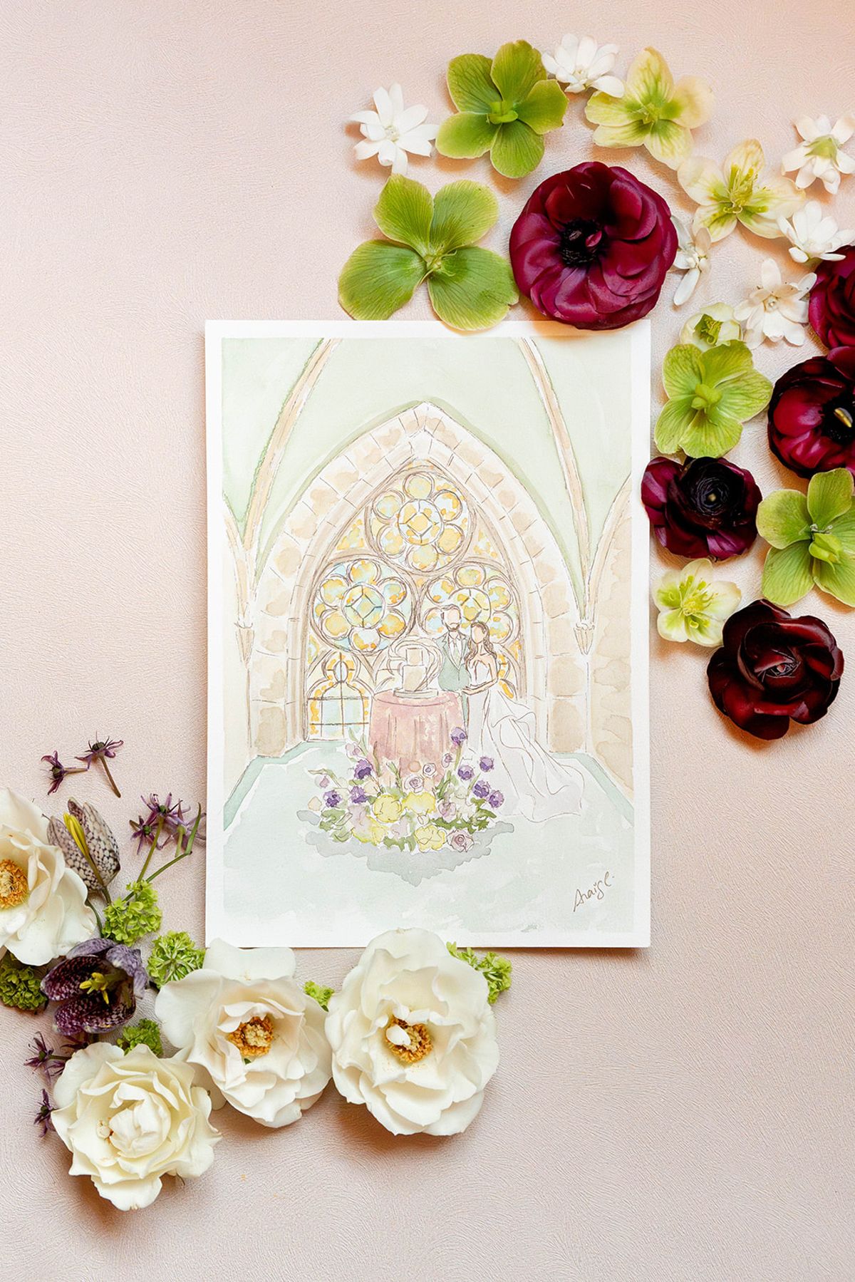 The stained glass illustration laid out with burgundy and cream flowers