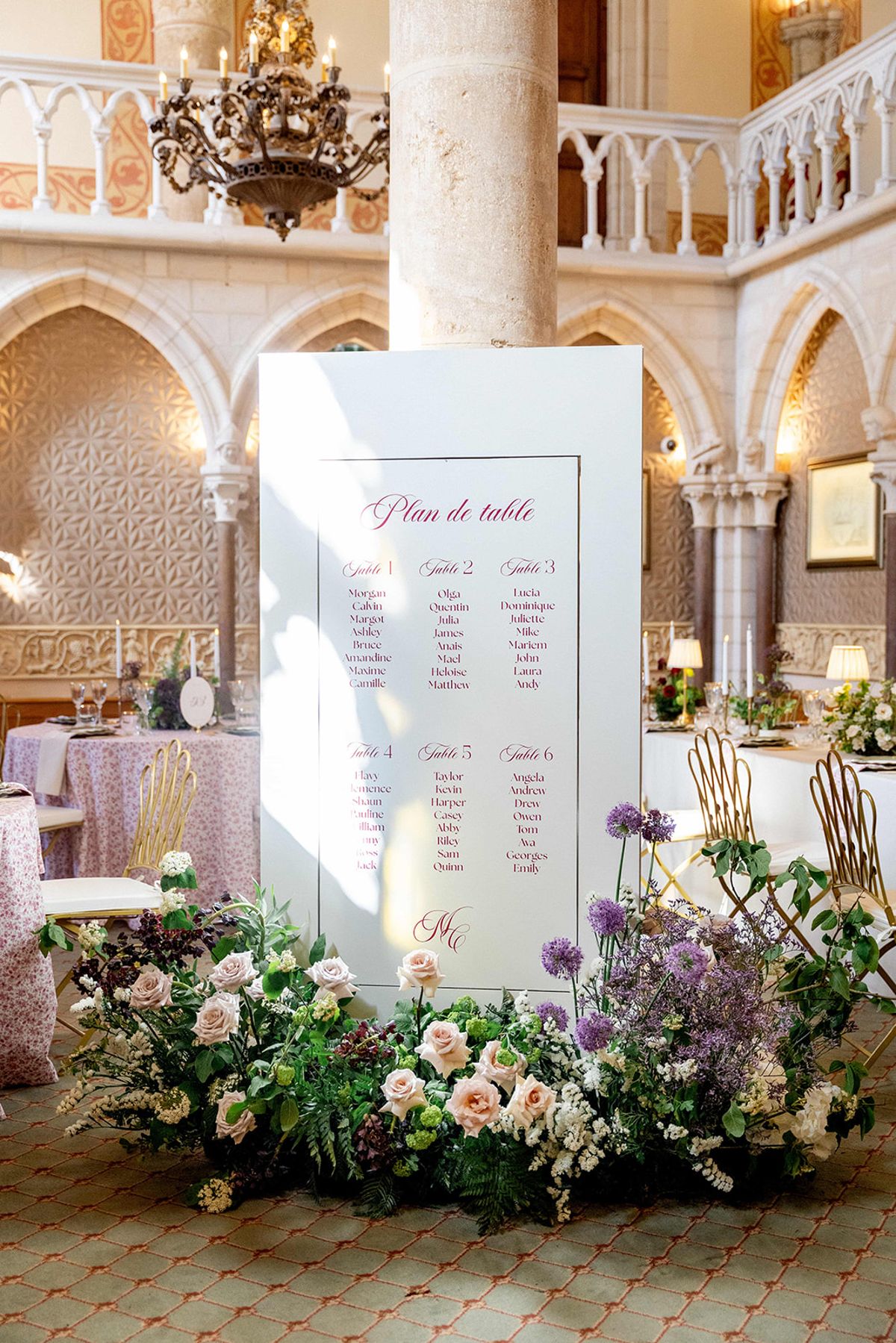 The seating plan displayed with florals in the reception hall