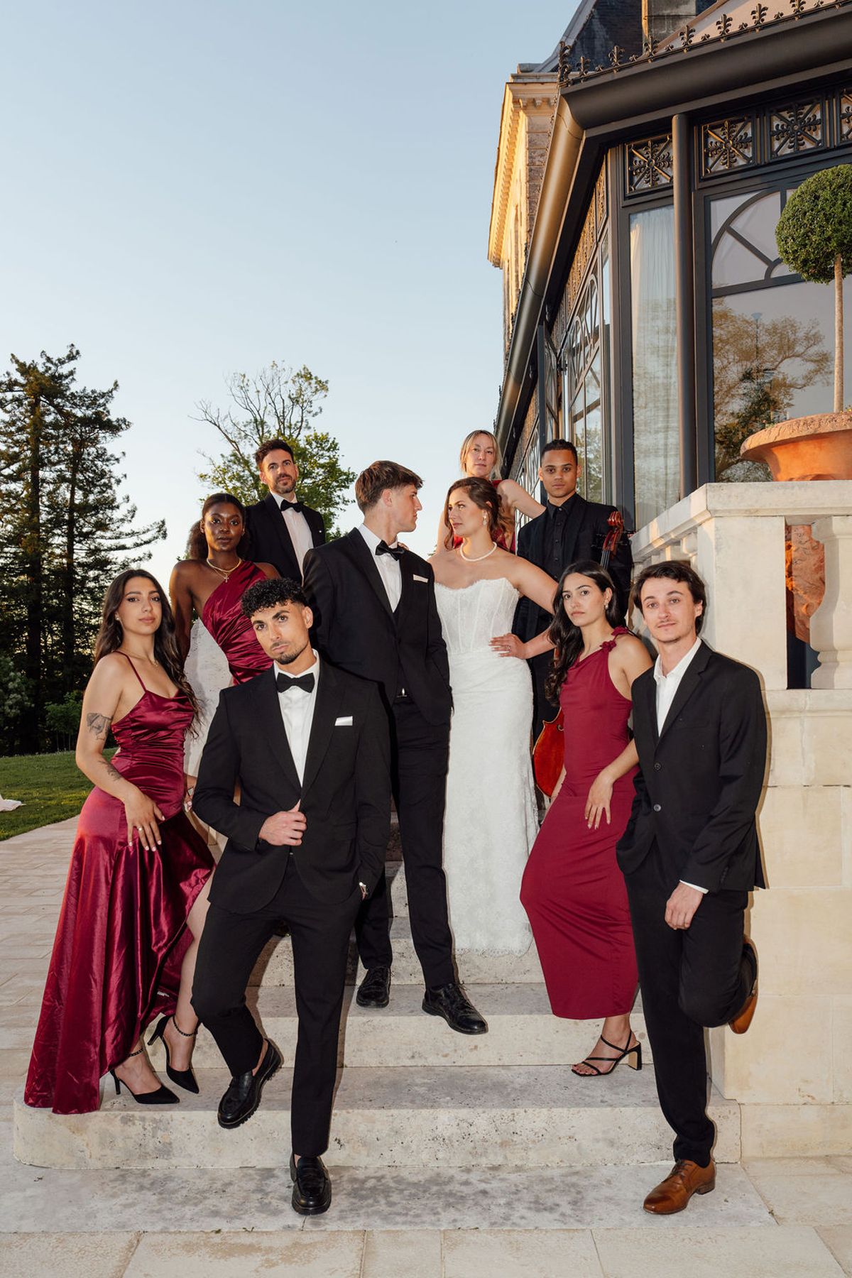 Styled shoot models Harper and Liam: the wedding party from a second golden-hour angle, Chateau de Mirambeau, spring editorial