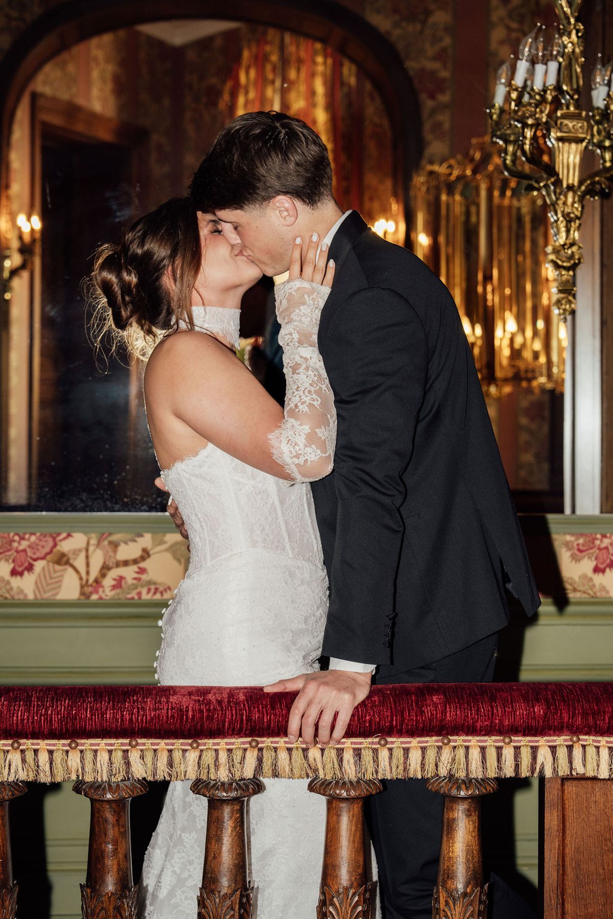 Styled shoot models Harper and Liam: a close silhouette of the couple by a window, Chateau de Mirambeau, spring editorial