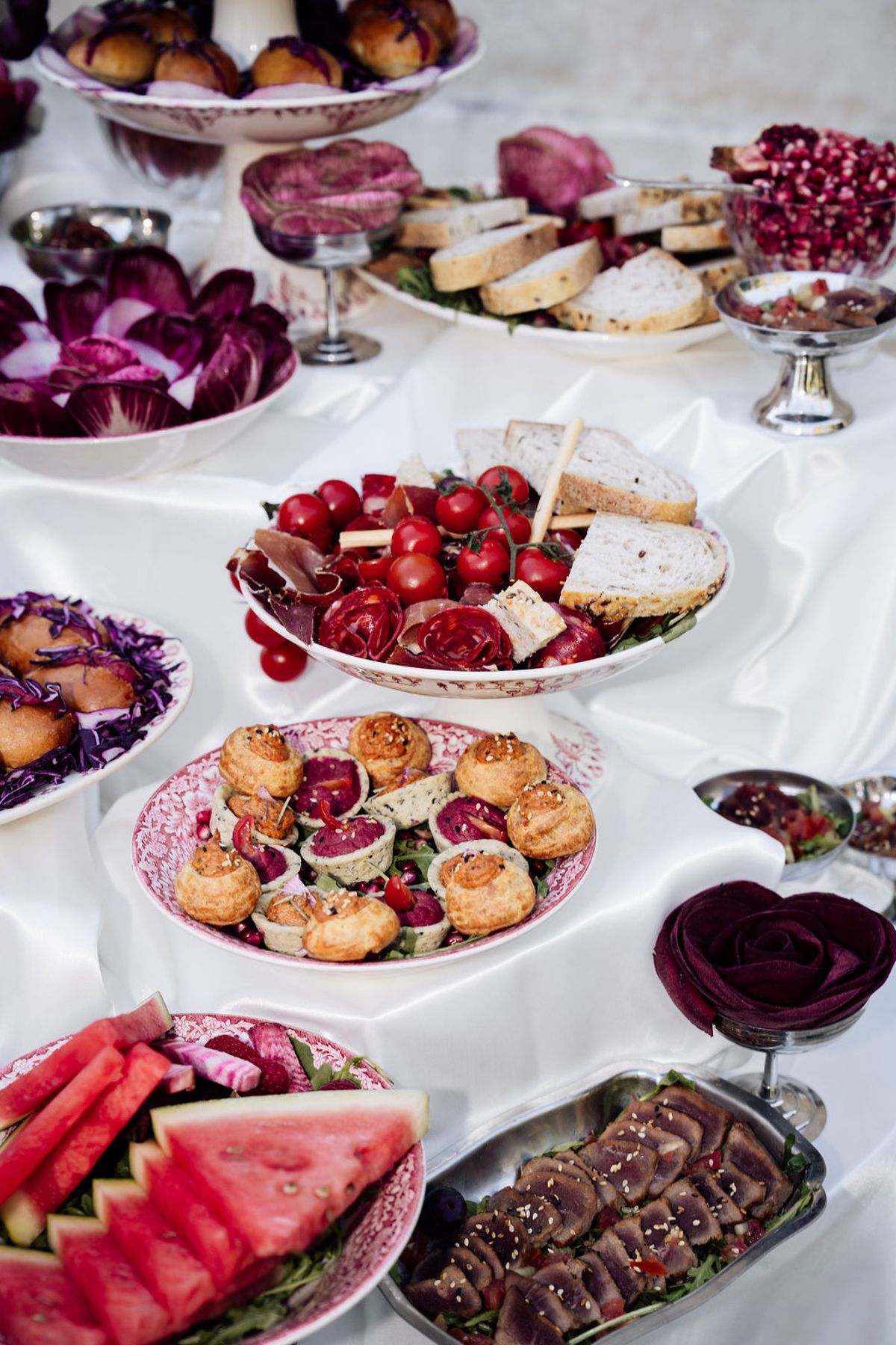Styled shoot models Harper and Liam: a plate of canapes from the grazing table, Chateau de Mirambeau, spring editorial