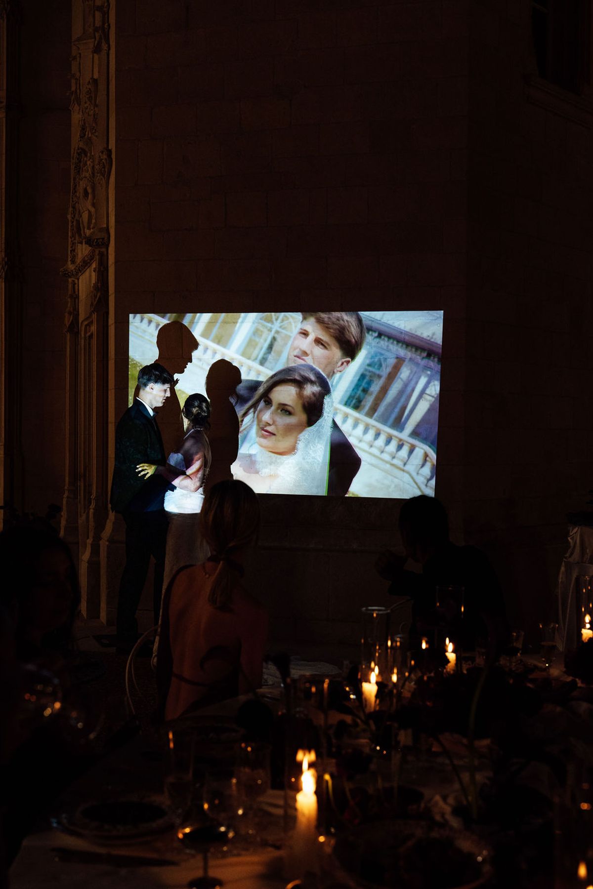 Styled shoot models Harper and Liam: the same-day film playing over the candlelit dinner, Chateau de Mirambeau, spring editorial
