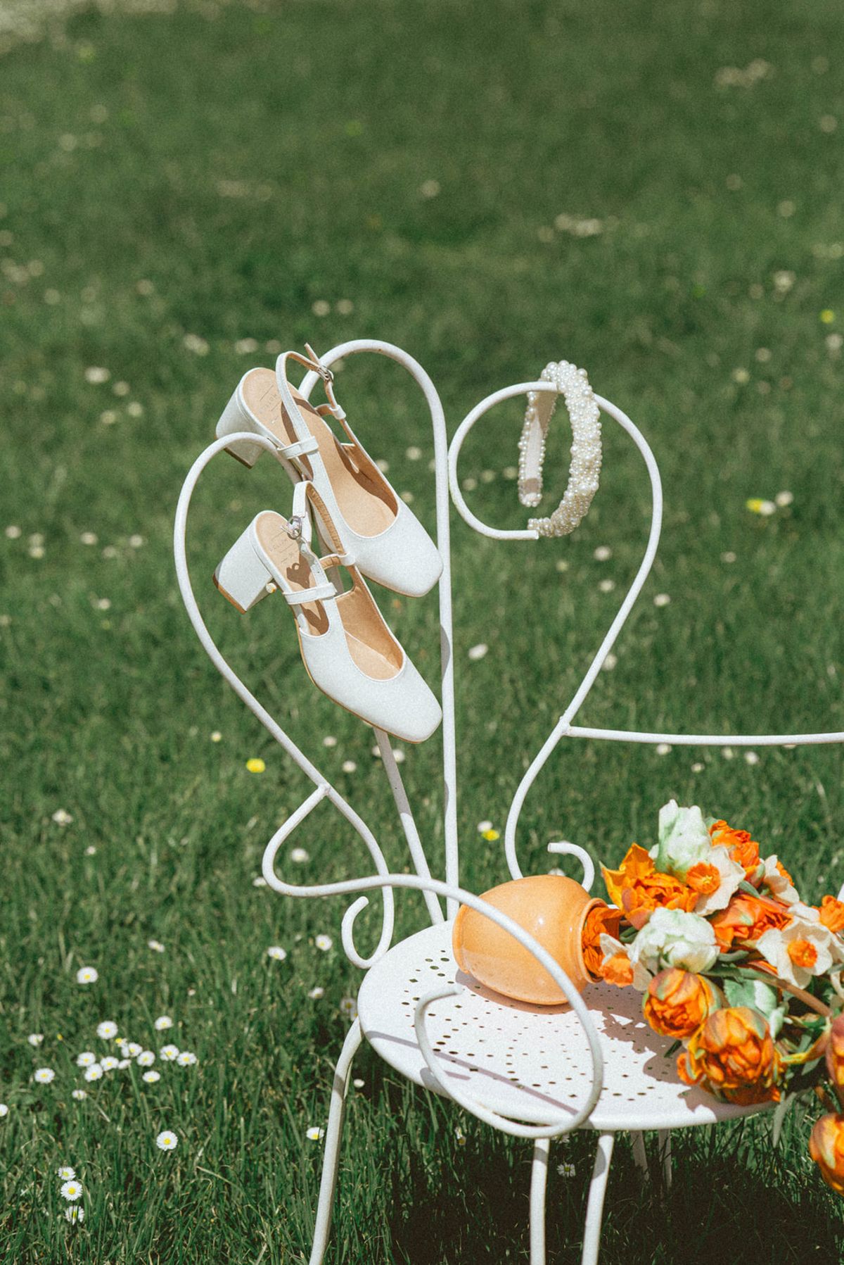 Bridal accessories on garden chair at Chateau de Campet