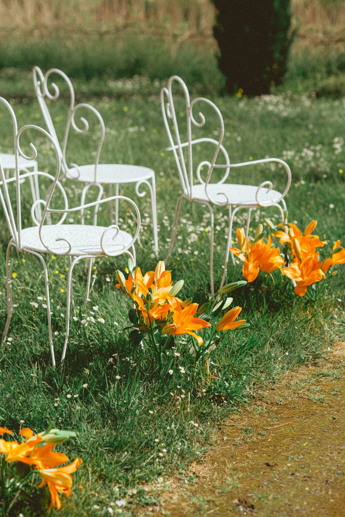 Orange lily aisle with ceremony chairs at Chateau de Campet