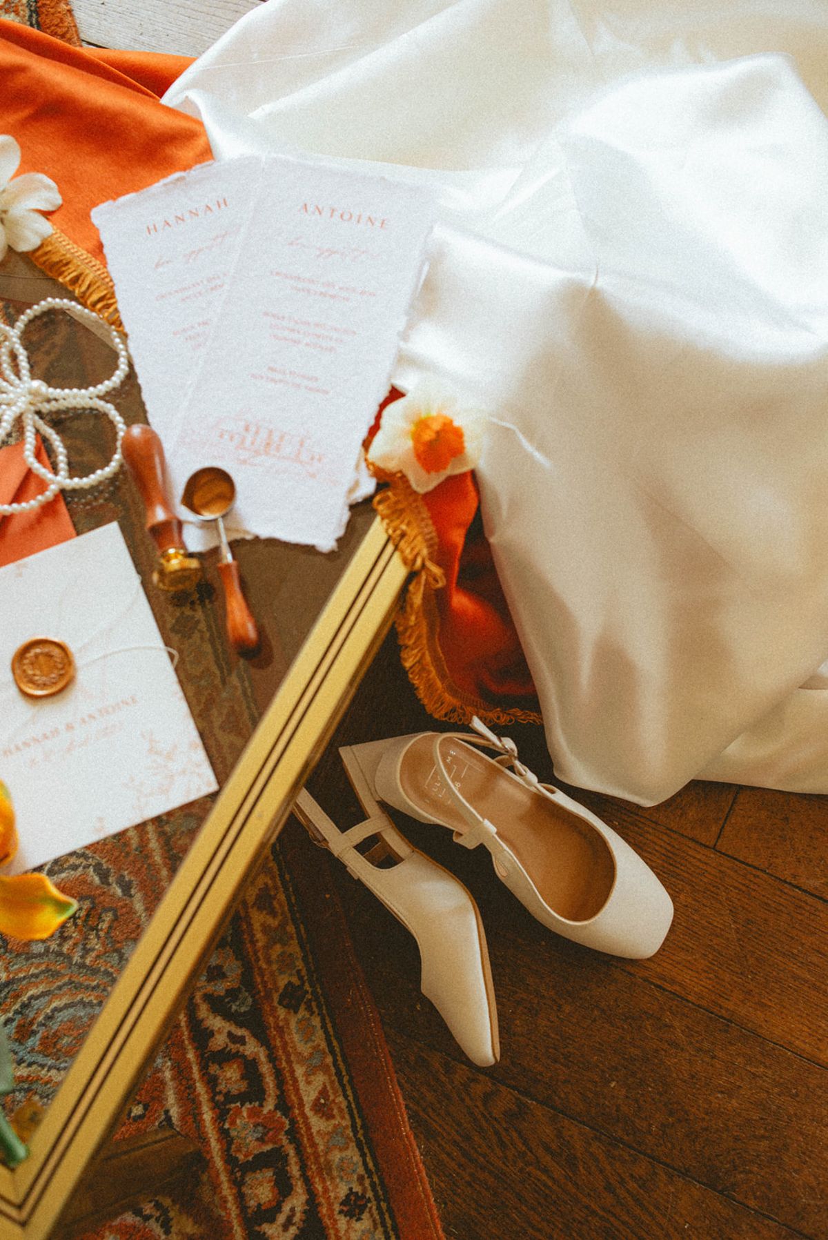 Bridal accessories flat lay at Chateau de Campet