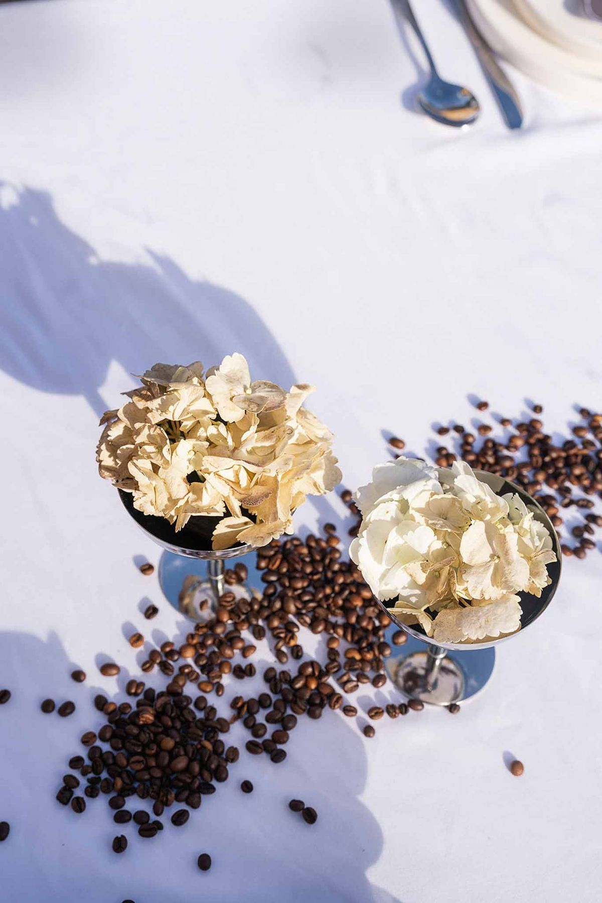 Dried hydrangeas and coffee beans table detail at Chateau du Terral wedding
