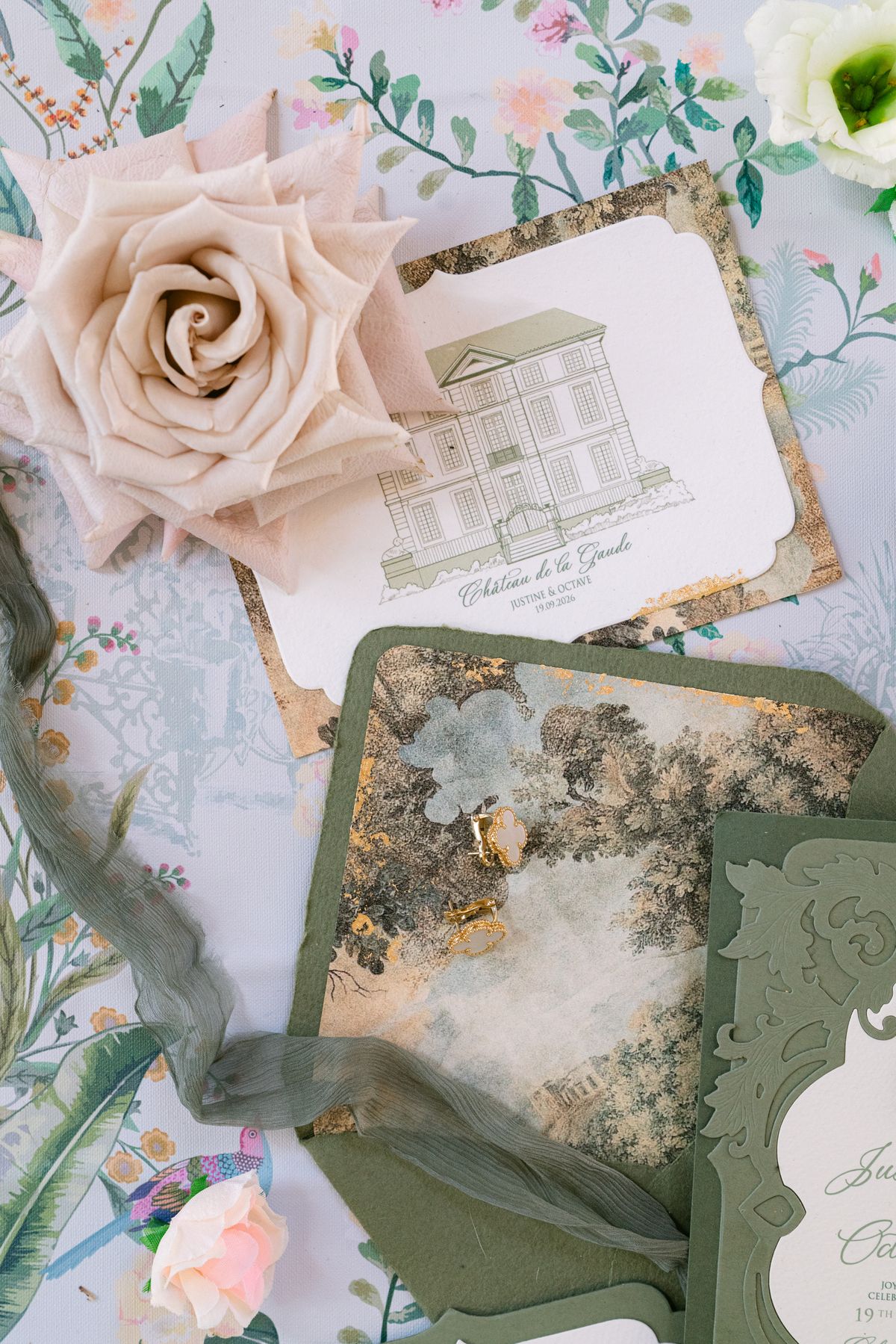 Invitation suite with a blush rose and a card illustrated with Chateau de la Gaude