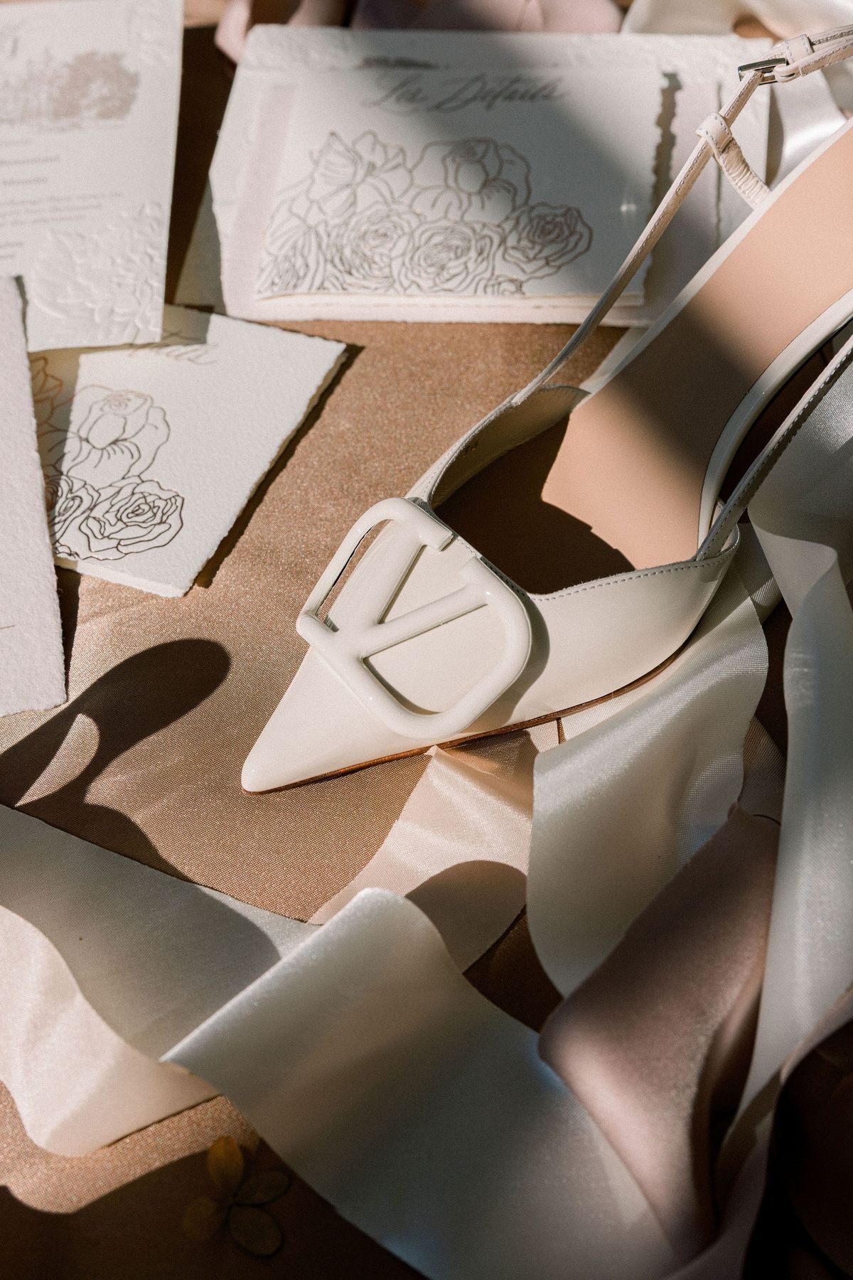 Valentino bridal shoes flat-lay at Château de Méridon, Île-de-France