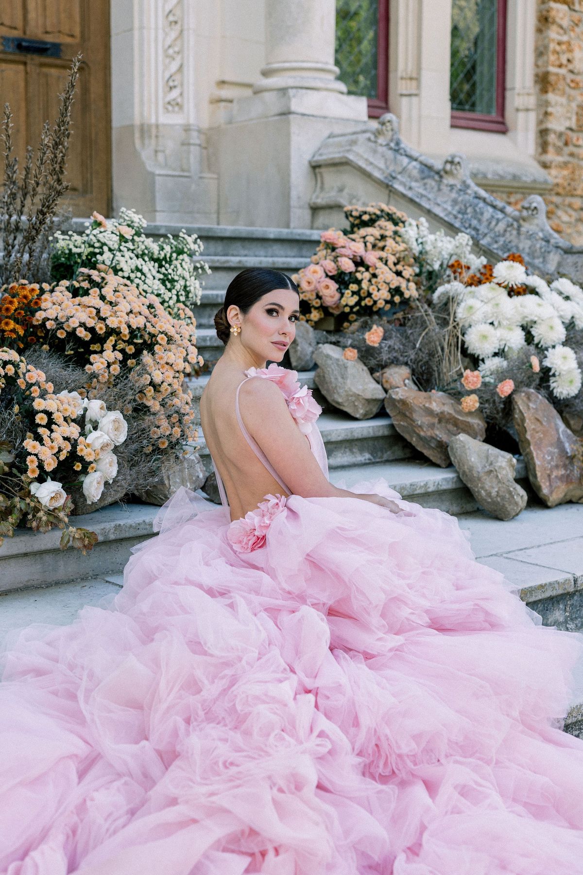 Bride alone in pink Millia London gown at Château de Méridon, Île-de-France