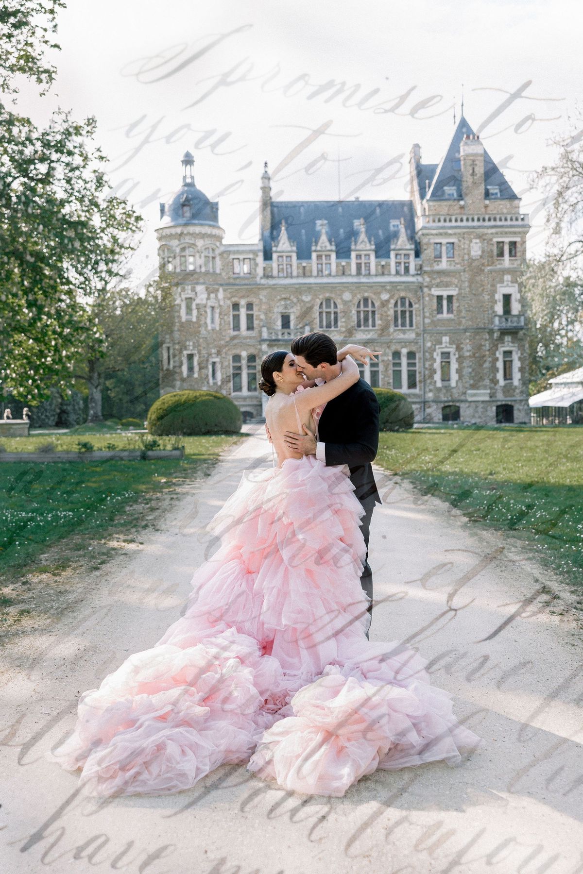 Couple kissing with vows overlay at Château de Méridon, Île-de-France