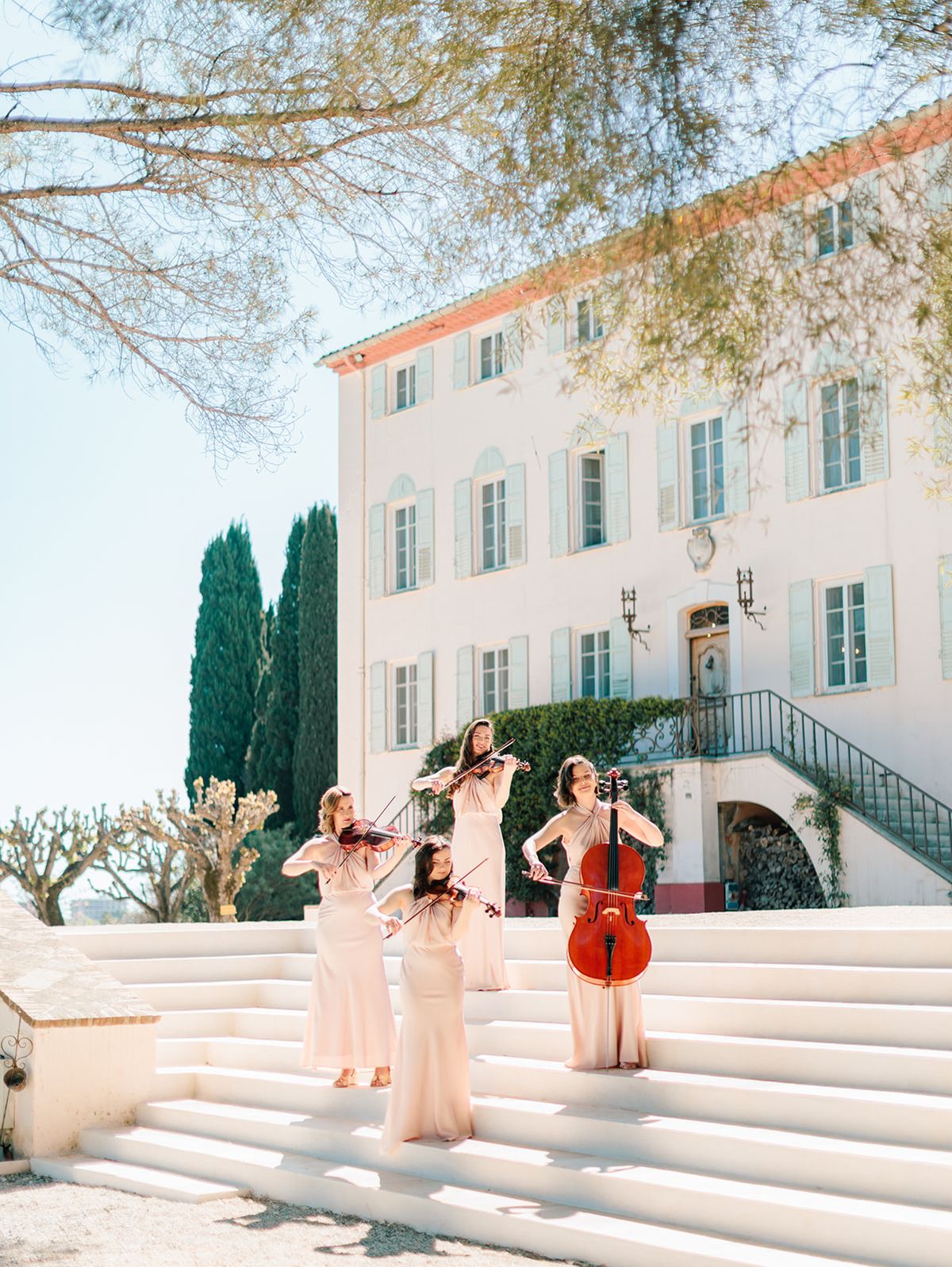 Bridal party on the steps of the bastide